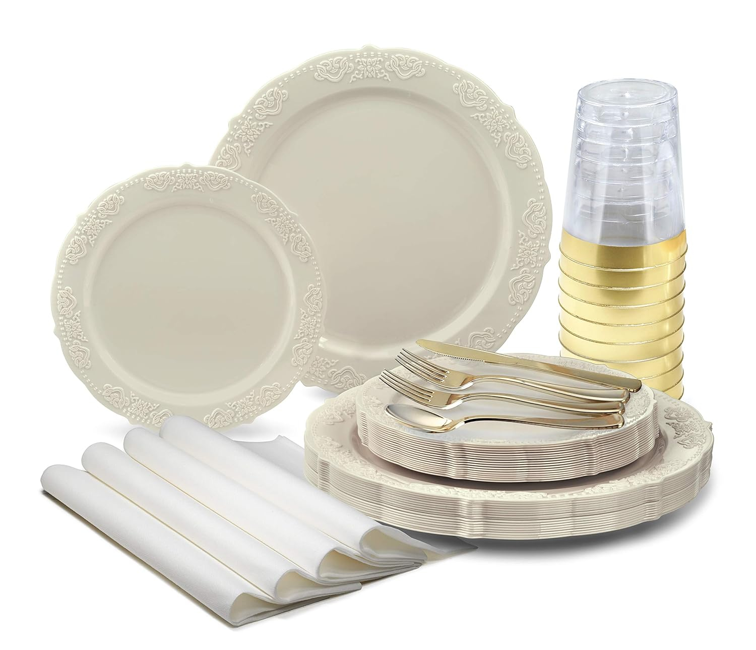 " OCCASIONS " 320 Piece set (40 Guests)-Vintage Wedding Party Disposable Plastic Plates & cutlery -40x10.25''+ 40x7.5'' +Gold Silverware + Gold rim Cups + Napkins (Portofino Plain Ivory)