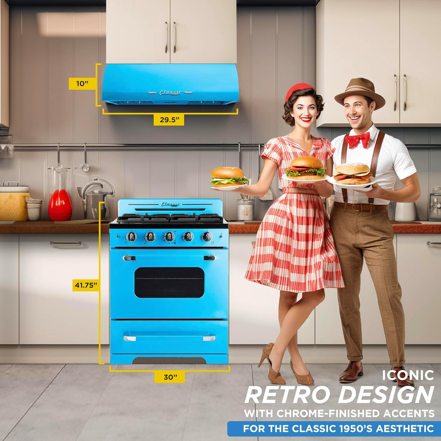 Ocean Mist Turquoise Retro Dual-Fuel Convection Range with Hood