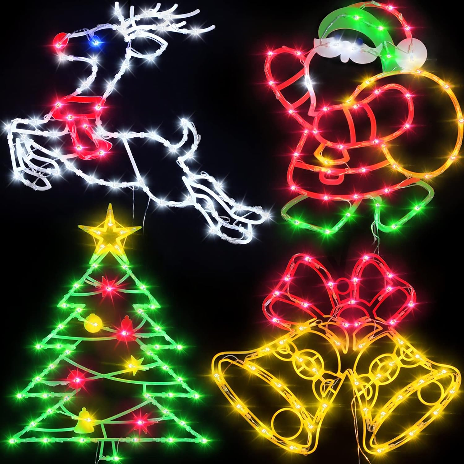 16 Inch Christmas Window Silhouette Lights Decorations, 4 Pack Waterproof Window Hanging Lights Elk, Christmas Tree, Santa Claus, Wreaths for Party, Home Indoor Outdoor Wall - 200 Mini Bulbs