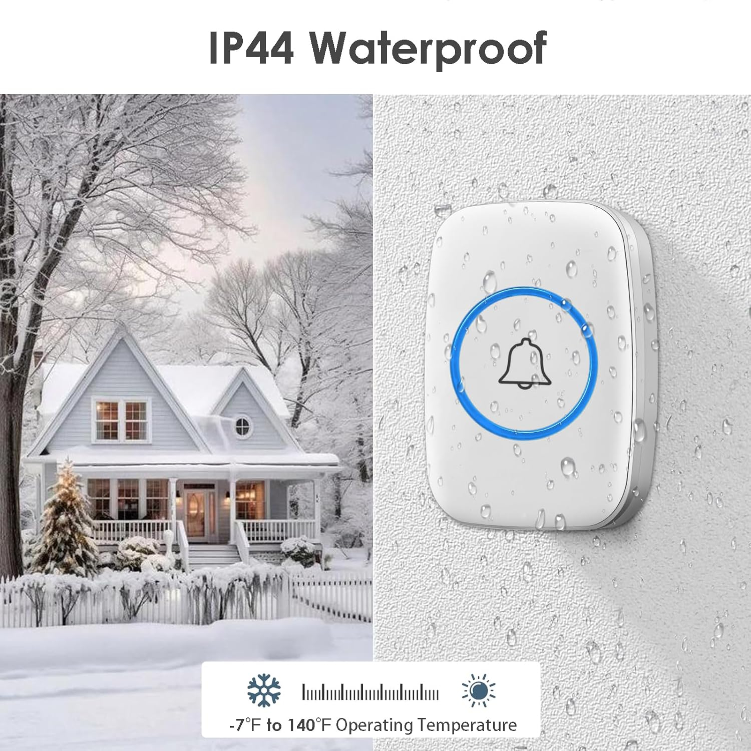 Wireless Doorbell, FullHouse Waterproof Door Bell Kit, Distinguish front and rear doors, Over 1000 feet Range and 60 Chime, 5 Levels Volume and LED Flash, for Home Office Classroom