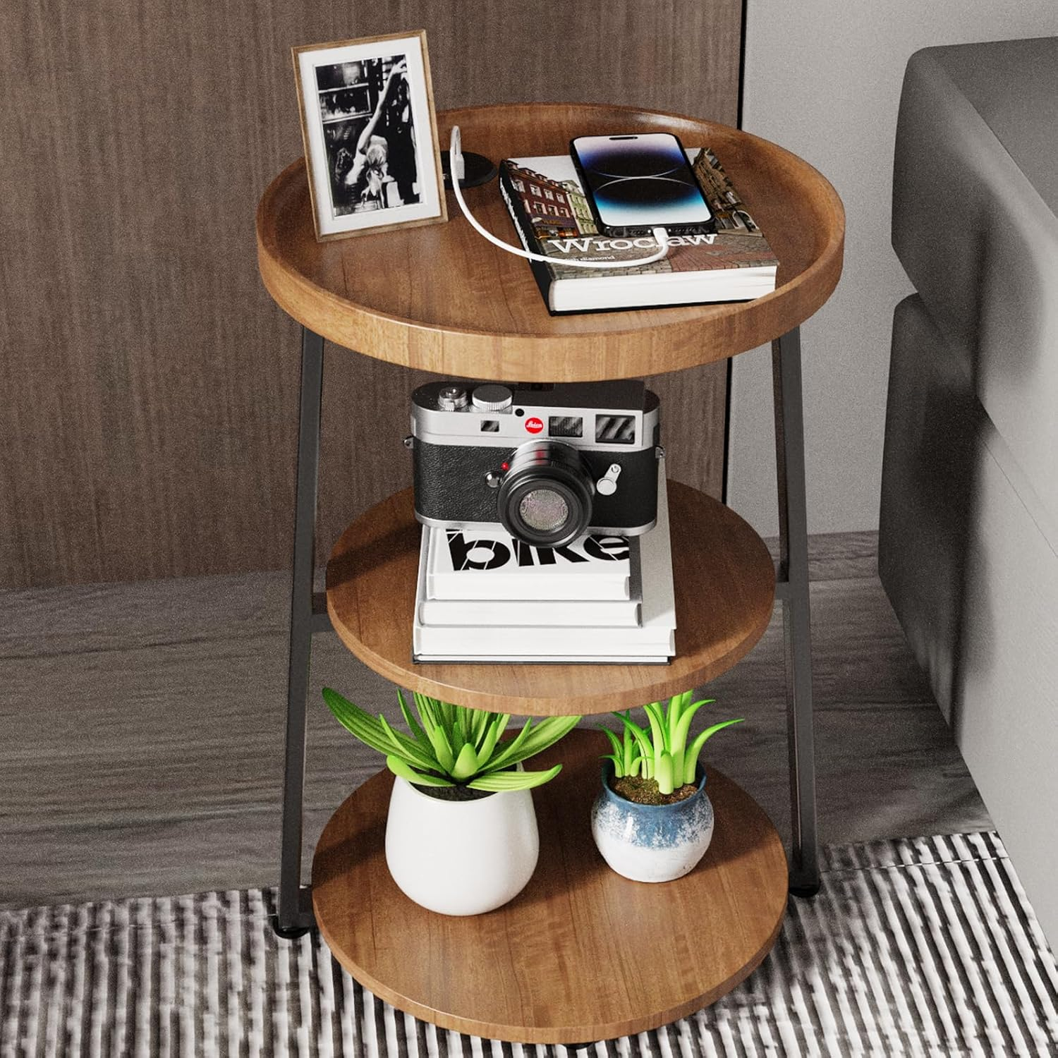 Round End Table with Charging Station, 3-Tier Accent Side Table for Living Room Bedroom Couch, Coffee Table for Small Spaces (Rustic Brown-Charging Station)