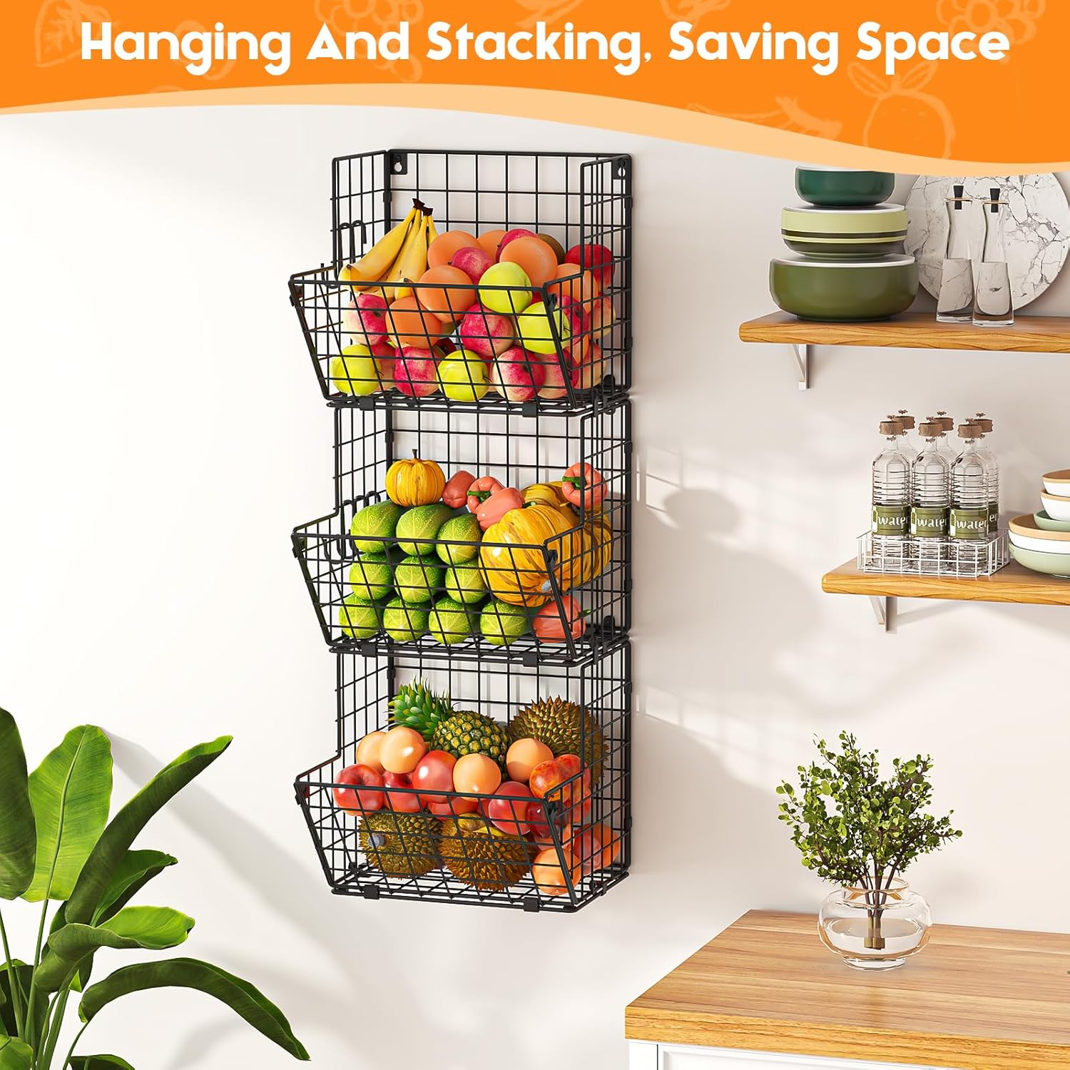 VOMGEB1 3-Tier Wall-Mounted Metal Wire Basket Organizer with 5 S Hooks
