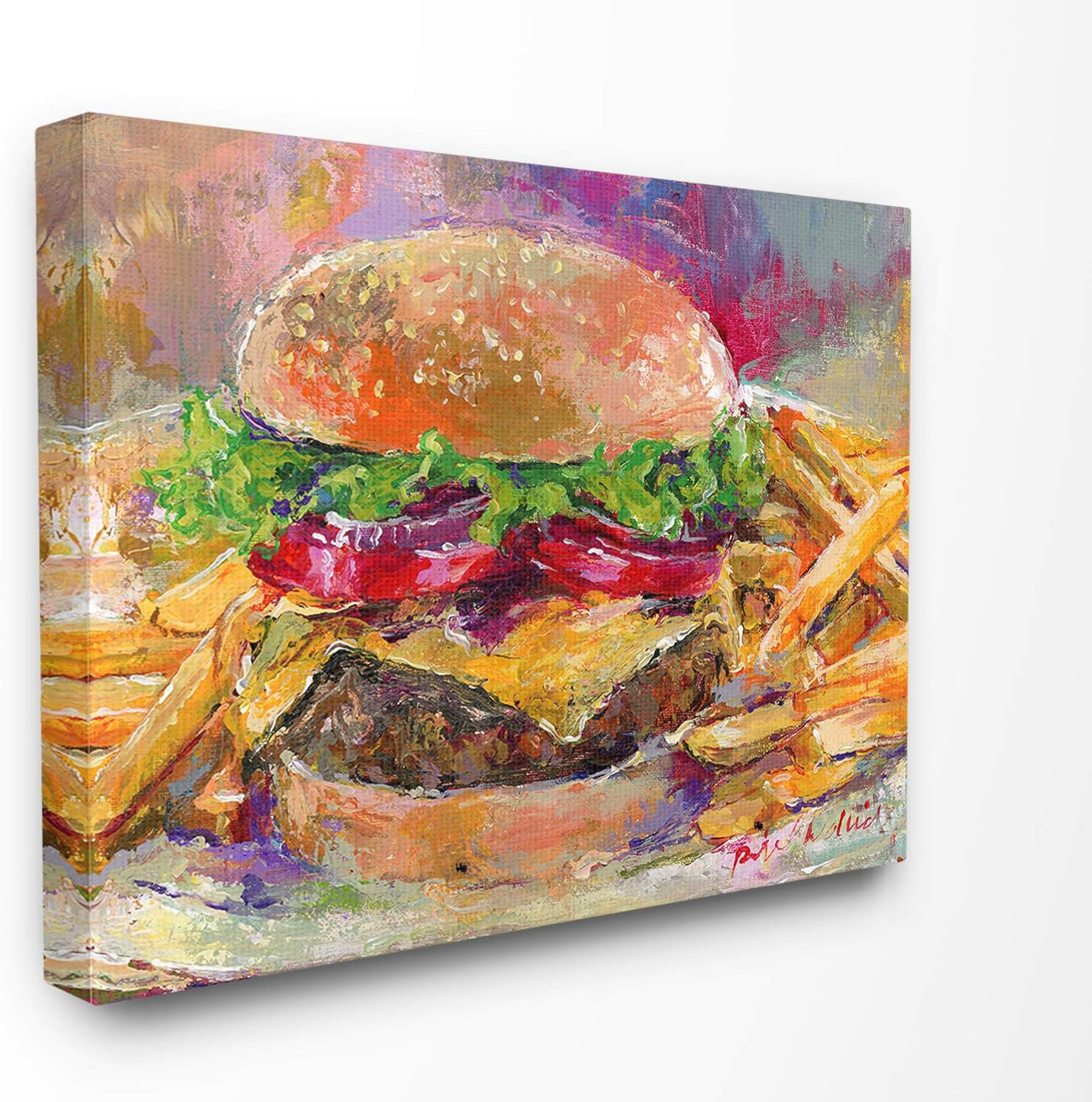 The Stupell Home Decor Collection Brightly Colored Hamburger and Fries Still Life Food Painting Oversized Stretched Canvas Wall Art, 24 x 1.5 x 30