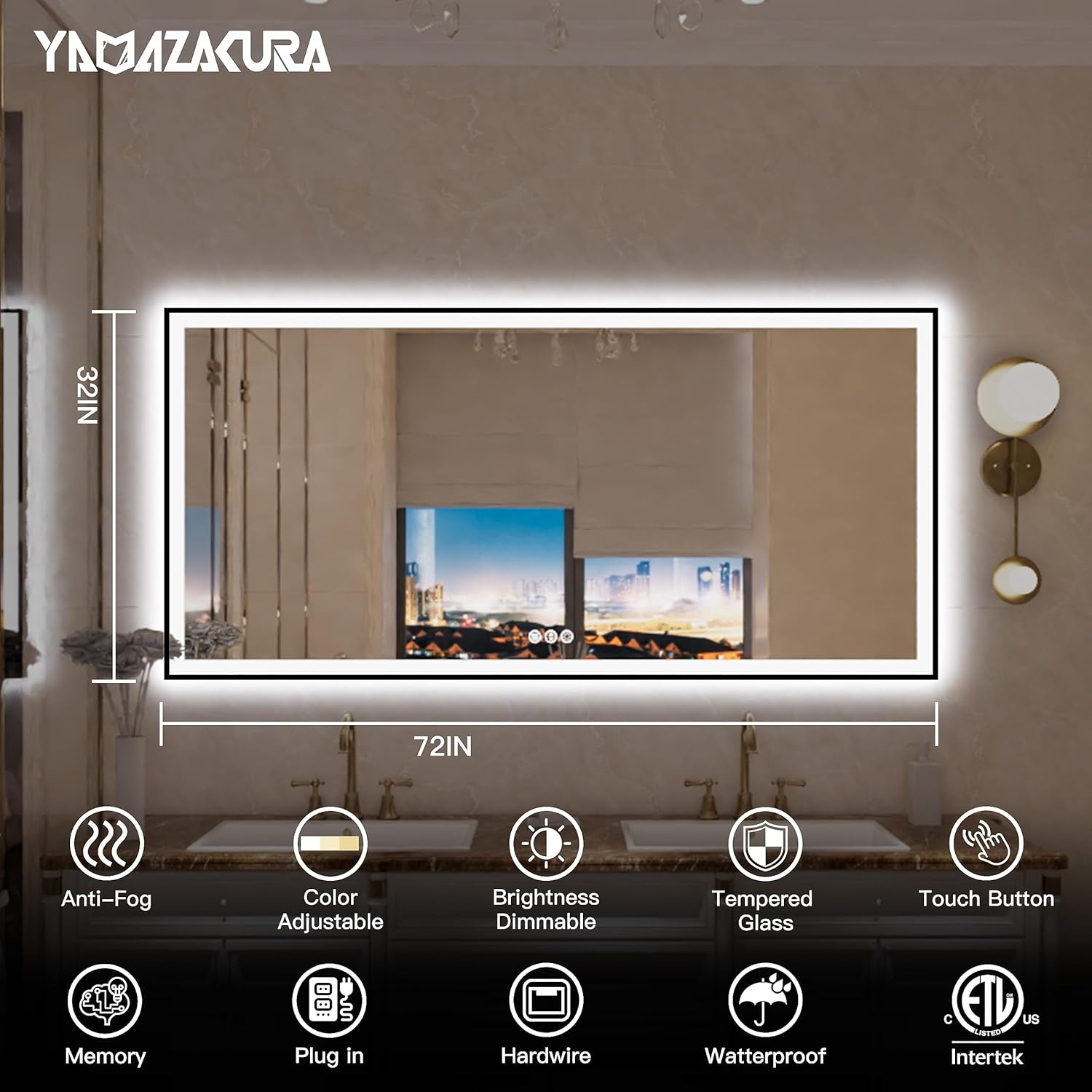 Large LED Bathroom Mirror 72x32 with Backlit and Front Lighted, Framed Dimmable Illuminated Mirror for Wall Anti-Fog Shatterproof (Horizontal/Vertical)