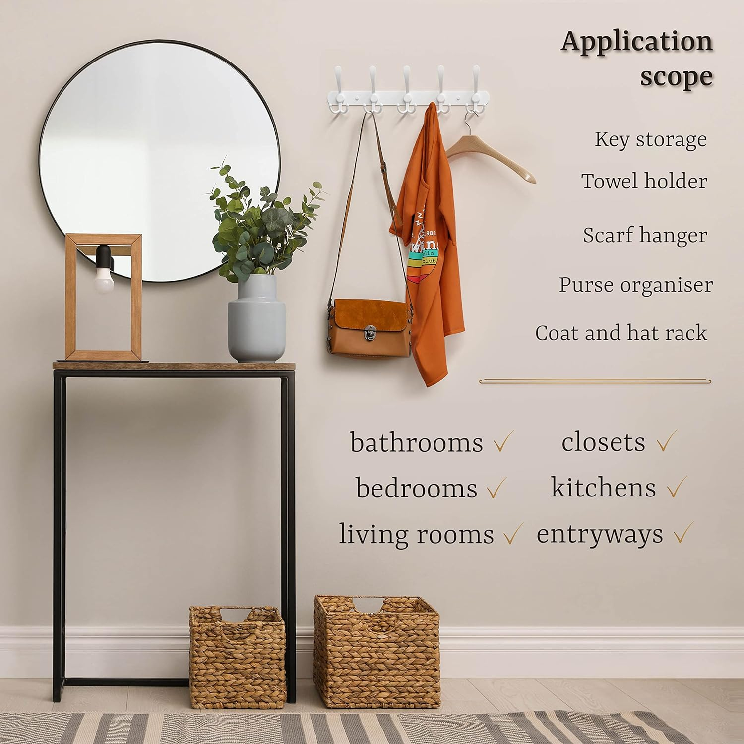 White Coat Rack Wall Mounted - 16 Inch Heavy Duty Stainless Steel Matte Finish Wall Hook Rack - 5 Tri Coat Hooks for Hanging Towels, Bags, Hat - Bathroom Entryway - 2 Pack