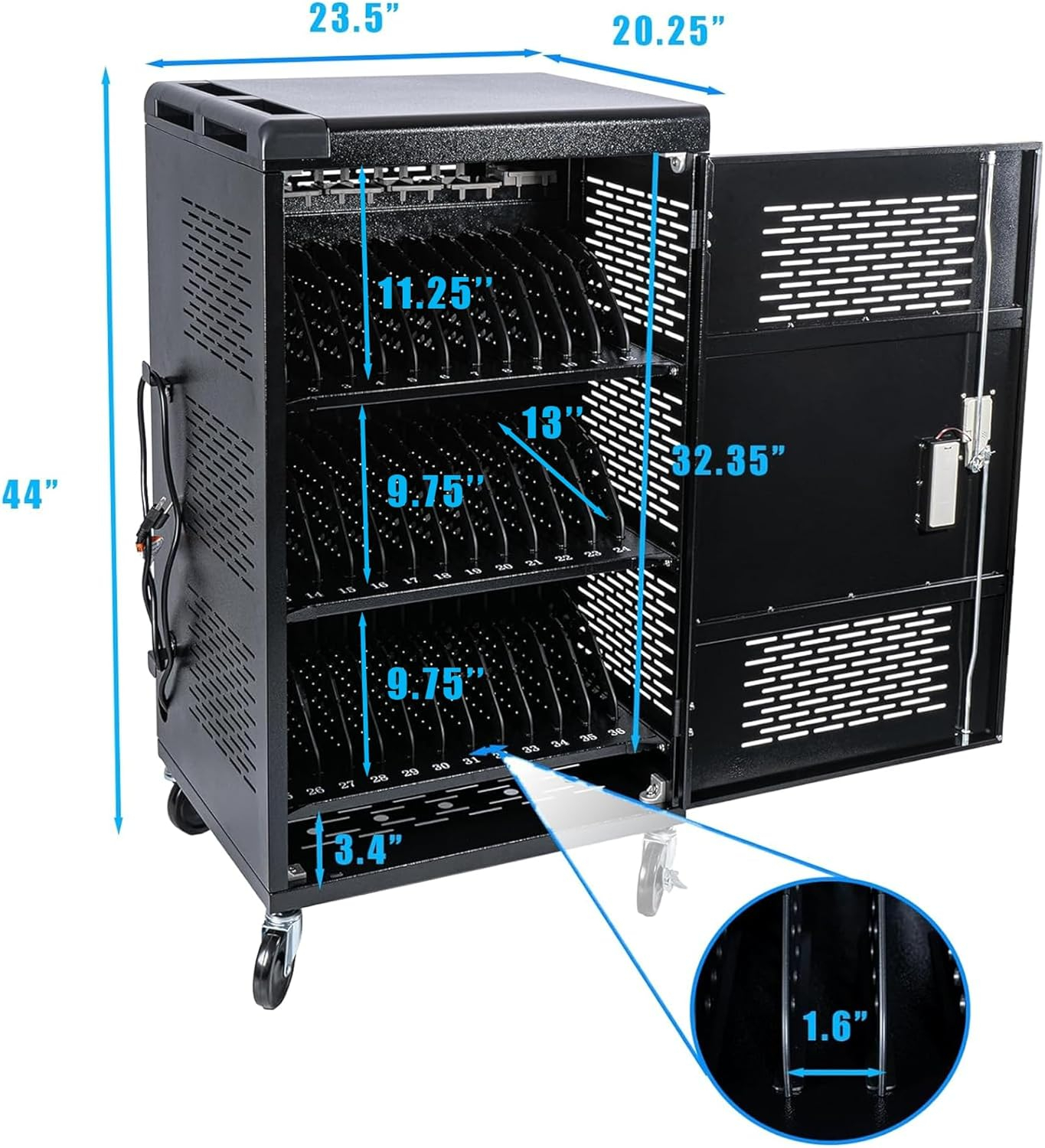 36 Bay Intelli-Sense Charging Cart for Tablets, Laptop, and Chromebook, Classroom Locking Charging Station with Keypad Lock and Charger Storage for School, Classroom, Library, Office and More