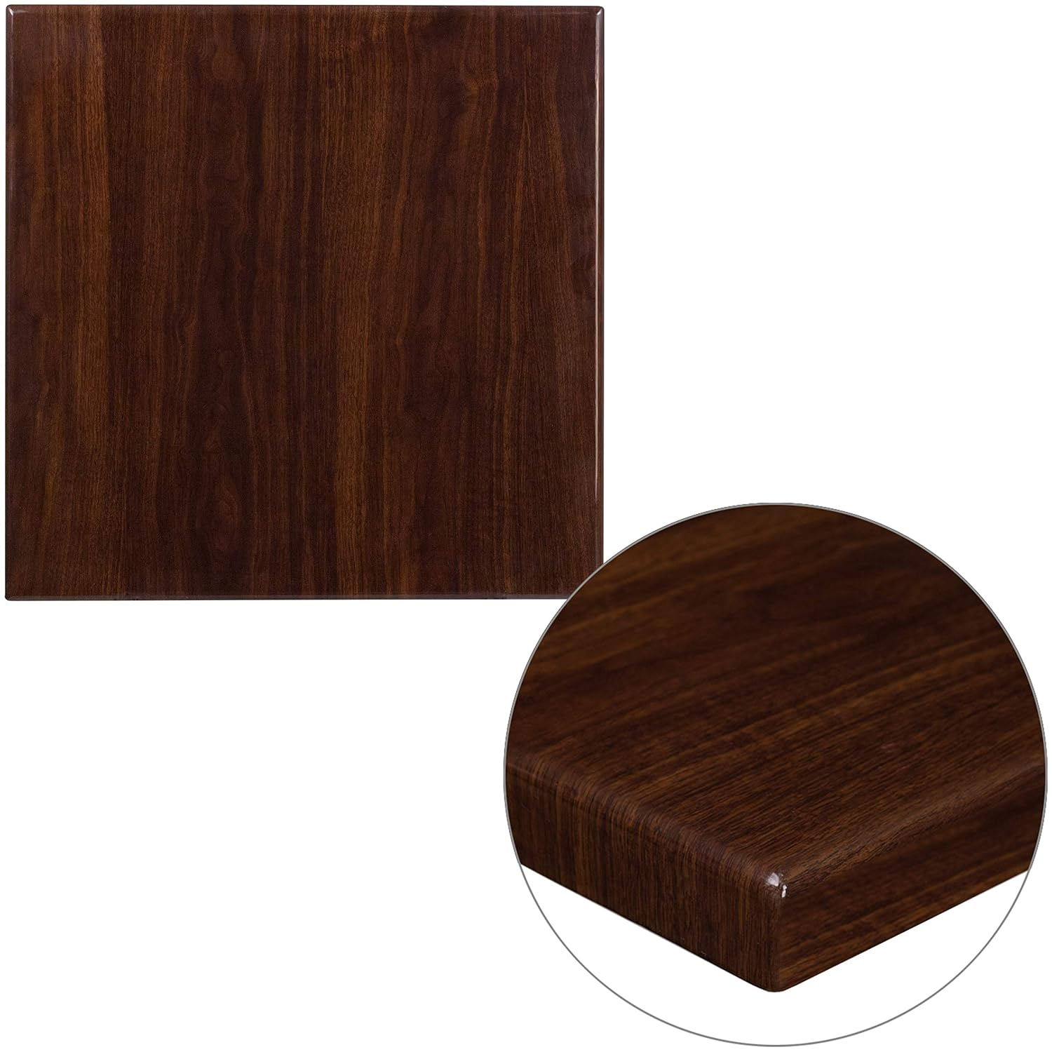 Flash Furniture 24'' Square High-Gloss Walnut Resin Table Top with 2'' Thick Drop-Lip