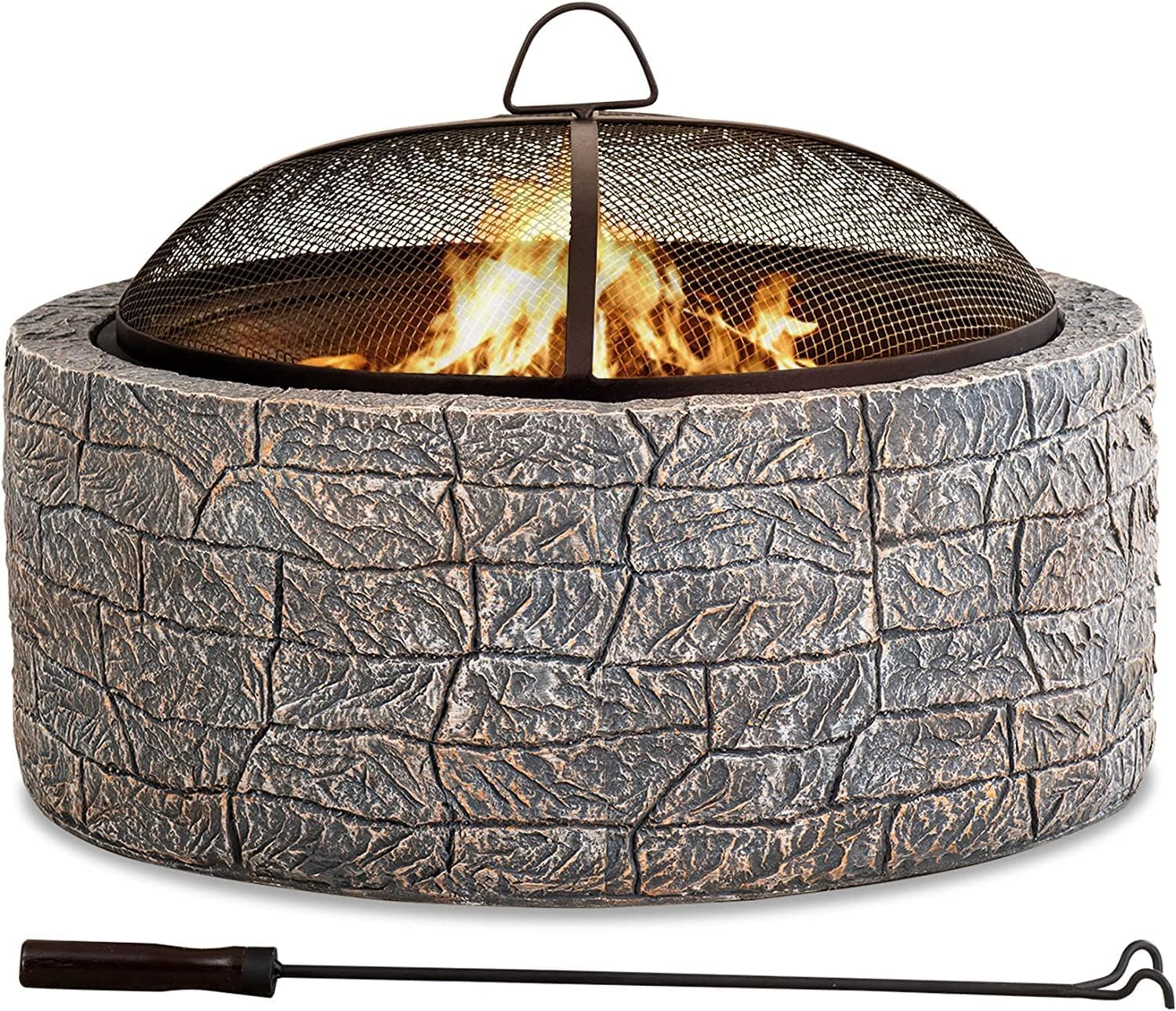 Sunjoy Stone Fire Pit 26 Inch, Outdoor Round Wood Burning Fire Pits with Spark Screen and Poker  Grey