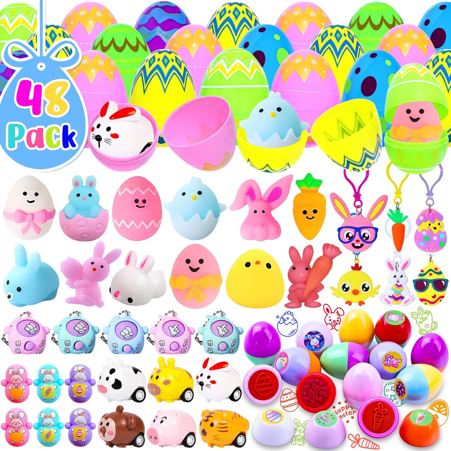 48 Pack Easter Egg Fillers, Basket Stuffers with Assorted Squishies and Stampers,Easter Party Favors, Egg Hunt, Gift Classroom Prize for Kids Boys Girls