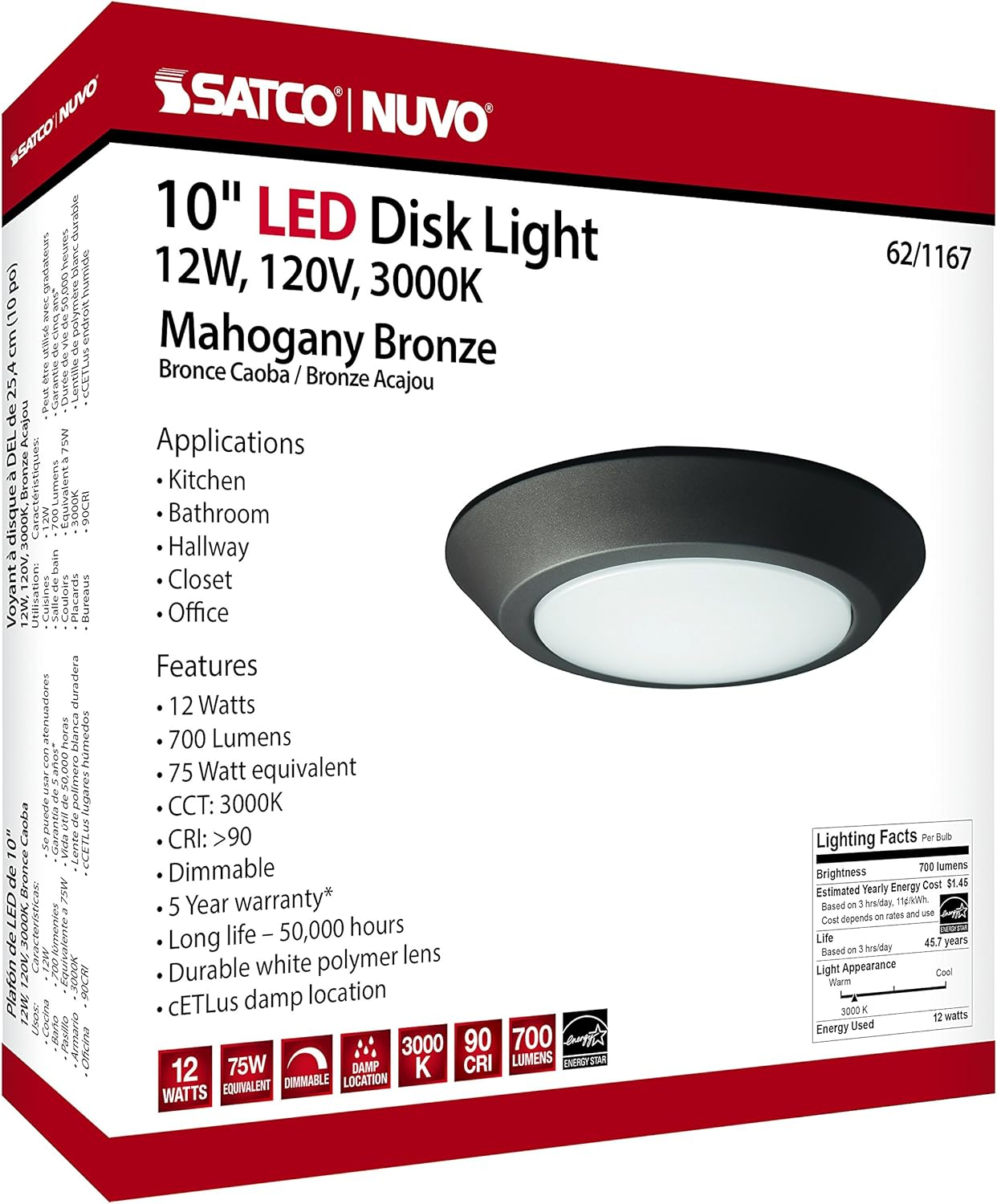 62/1167-Nuvo Lighting-12W 3000K 1 LED Flush Mount-9.84 Inches Wide by 1.41 Inches High-Mahogany Bronze Finish