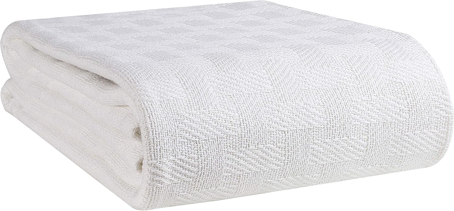 GLAMBURG 100% Cotton Bed Blanket, Breathable Bed Blanket Twin Size, Cotton Thermal Blankets Twin Size - Perfect for Layering Any Bed for All Season - White