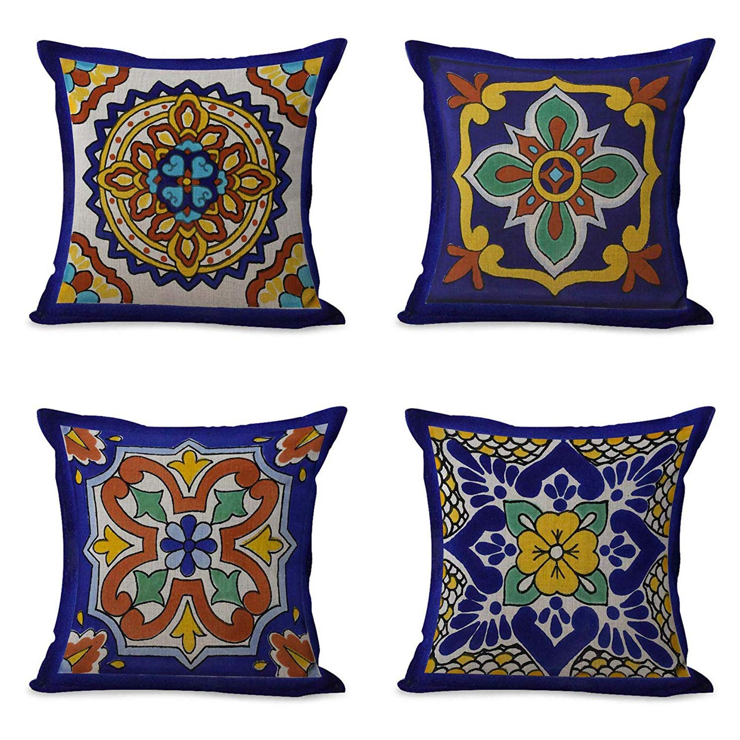 Exotic Geometry Linen Pillow Covers - Set of 4 Spanish Talavera Dark Retro Ethnic Home Decor 18"x18" Flax Cushion Cases Square Pillowcases