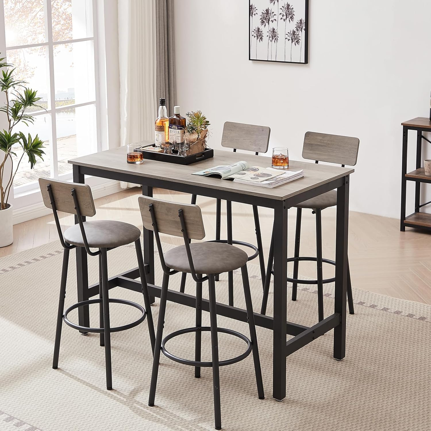 UZUGUL Bar Table Set for 4 with 4 PU Upholstered Stools, Pub Bistro Dinning Table and Stools with Backrest, Counter Height Bar Table Set for Apartment, Kitchen, Small Space
