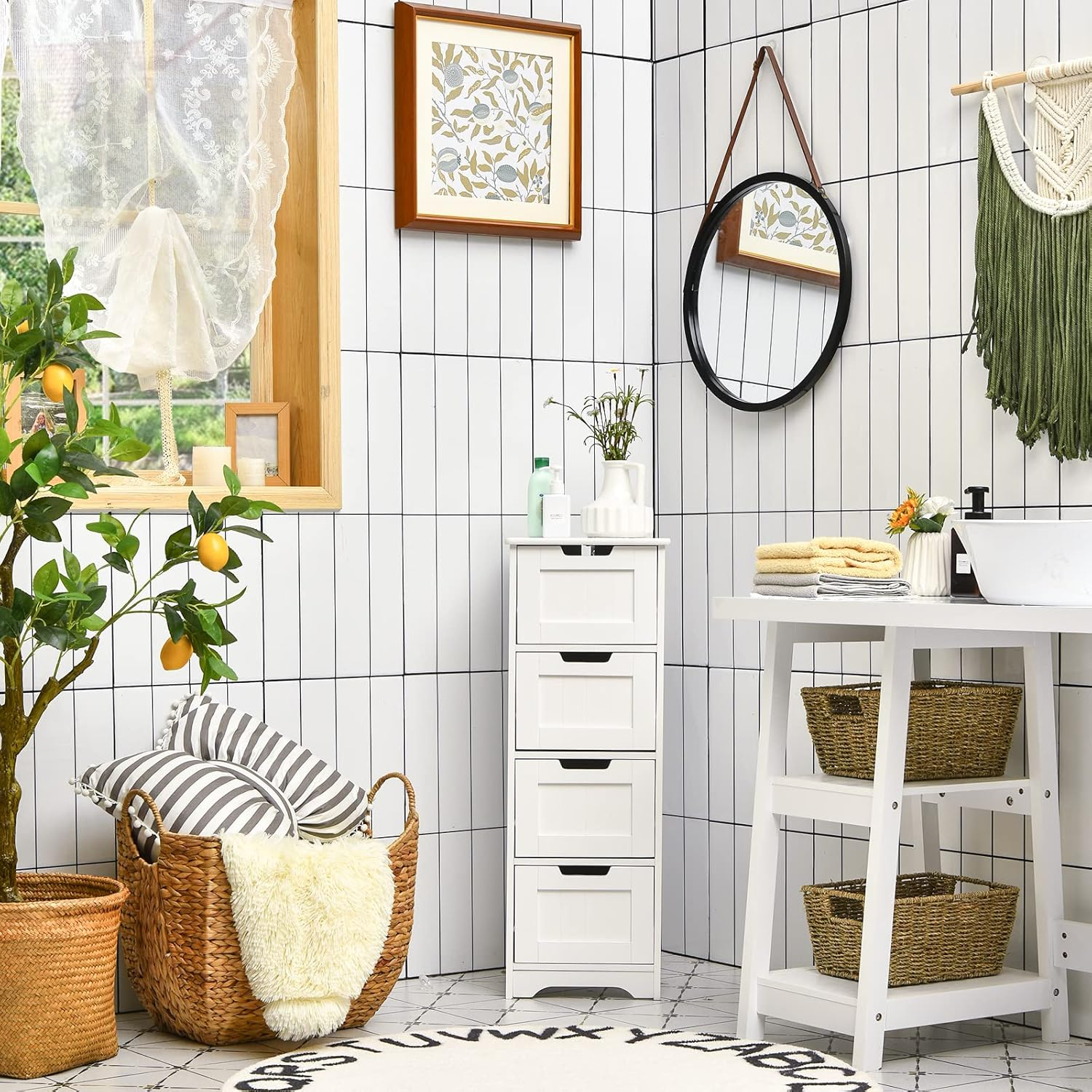 White MDF Freestanding Cabinet with 4 Drawers