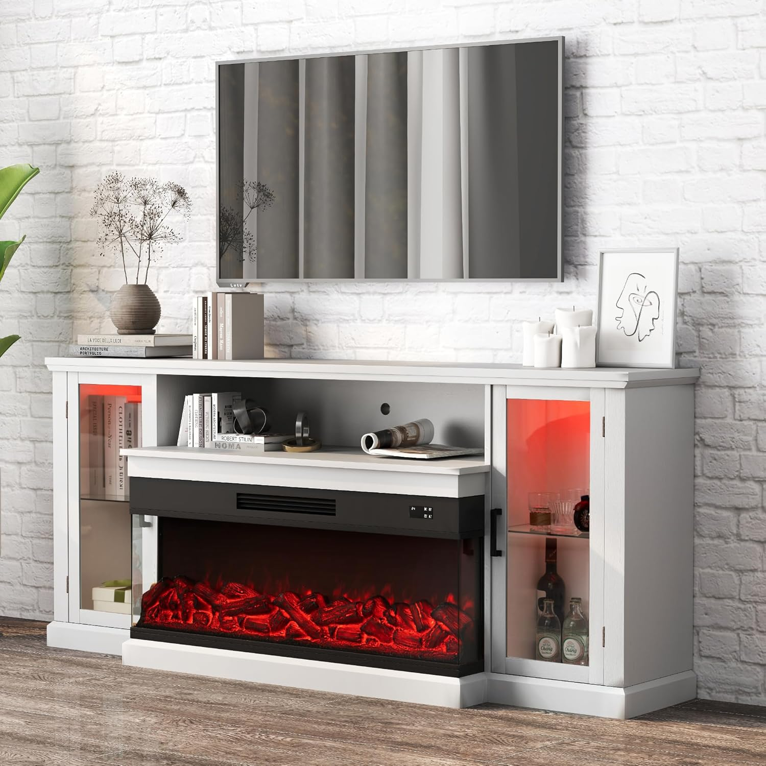 Real Relax Fireplace TV Stand for 80 inch TV, 72.8" Entertainment Center with 40 inch 3-Sided Electric Fireplace & LED Lights for Living Room, White