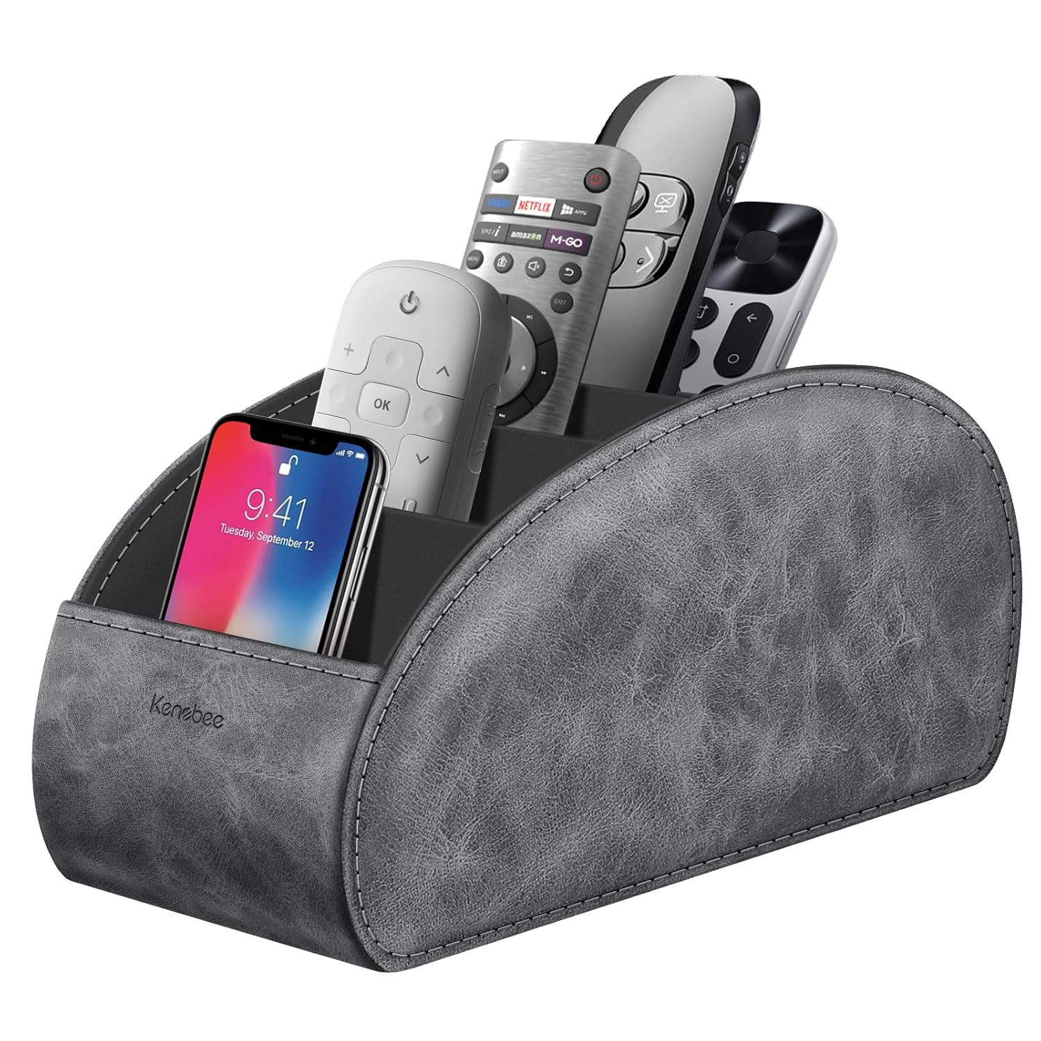 Large Remote Control Holder with 5 Compartments, KENOBEE Anti-slip Desktop Caddy Storage Organizer for Phone, Remote Controllers, Office Supplies, Makeup Brush, Media Accessories,Gray