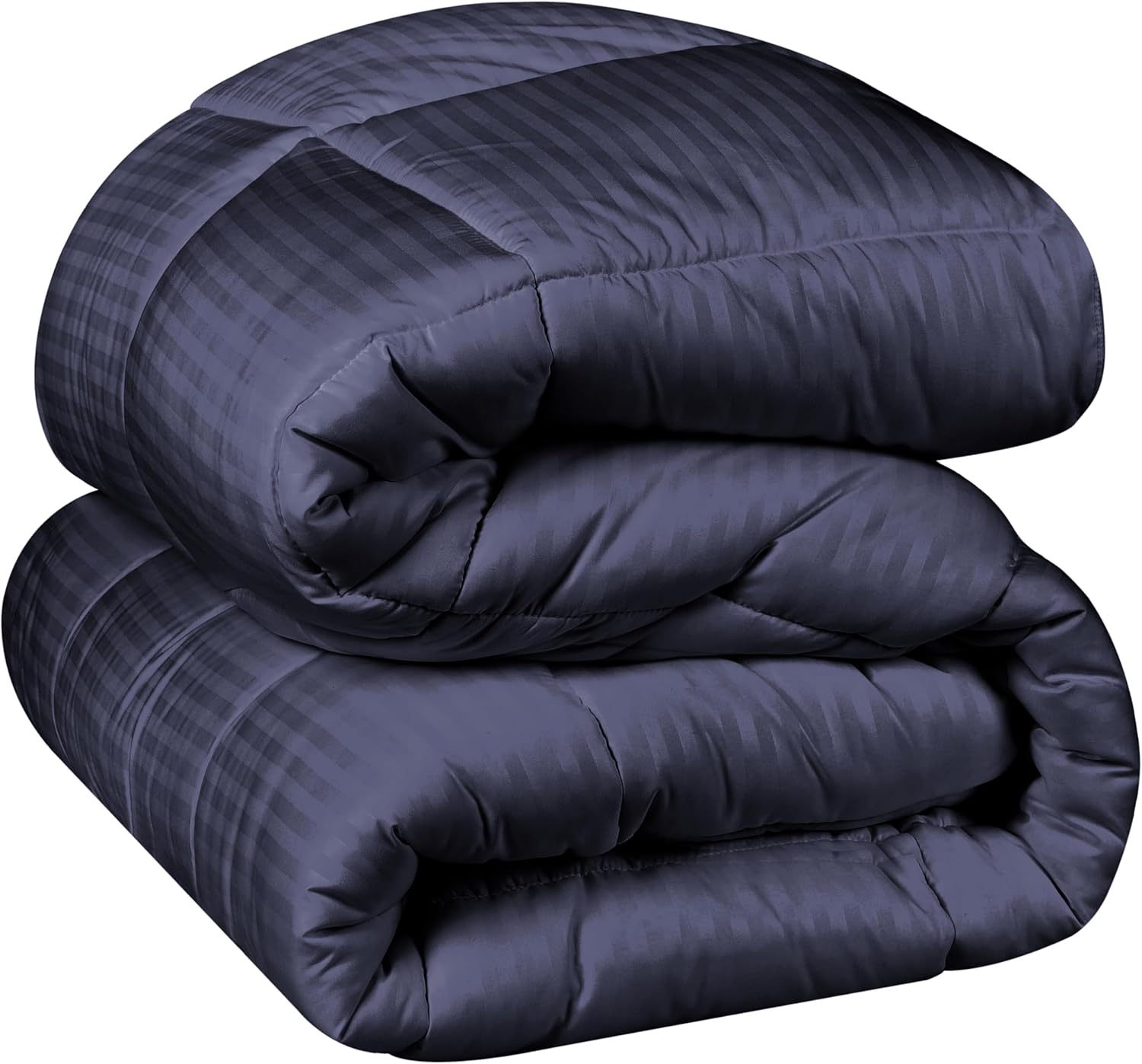 Superior Brushed Microfiber 1 cm Striped Comforter, Down Alternative Bedding, Reversible, Medium Weight, Fluffy, Decorative, Plush Duvet Insert, Oversized Blanket, Box Quilt Design, King, Navy Blue
