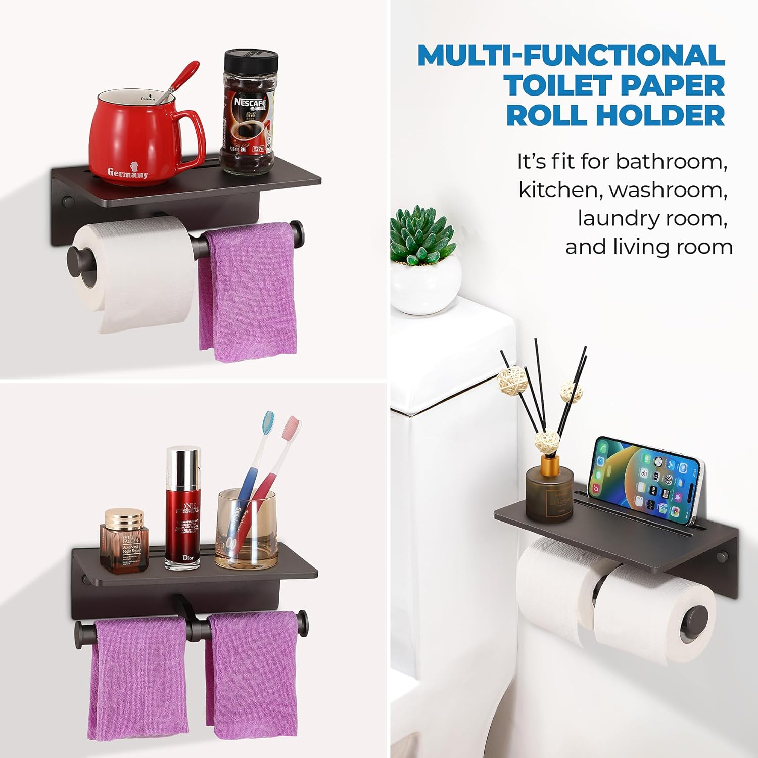 Toilet Paper Holder with Shelf, Black Anti-Rust Aluminum Tissue Roll Holder with Mobile Phone Storage Shelf for Bathroom, 3M Self Adhesive No Drilling or Wall Mounted with Screws