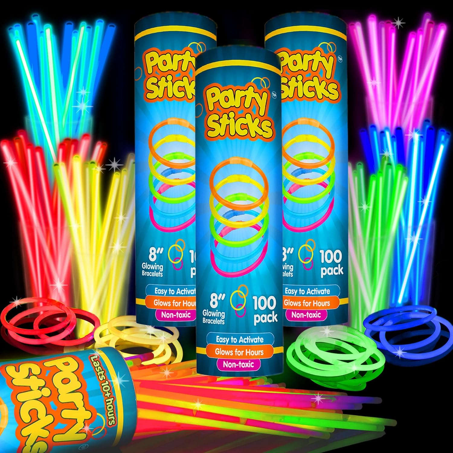PartySticks 300 Ultra Bright Glow Sticks Jewelry Bulk Party Favors and Connectors - 8" Glow in The Dark Party Supplies, Neon Party Glow Necklaces and Glow Bracelets for Kids and Adults