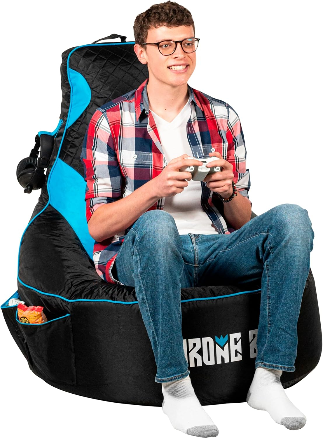 Gaming Bean Bag Chair for Adults and Teens [Cover ONLY No Filling] - High Back Beanbag or Dorm Chair with Cup Holder for Gamers (Black/Blue)