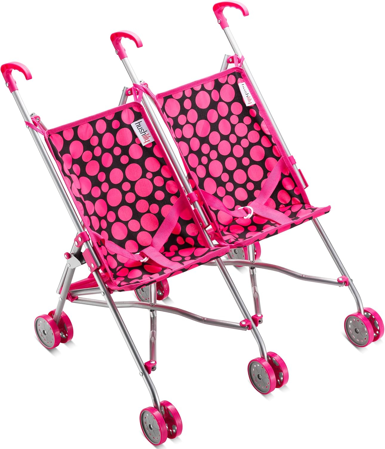 Double Doll Stroller for Twin Baby Dolls - Toy Stroller for Toddlers 3 Years and up, Pink & Black Polka Dots Design for Kids