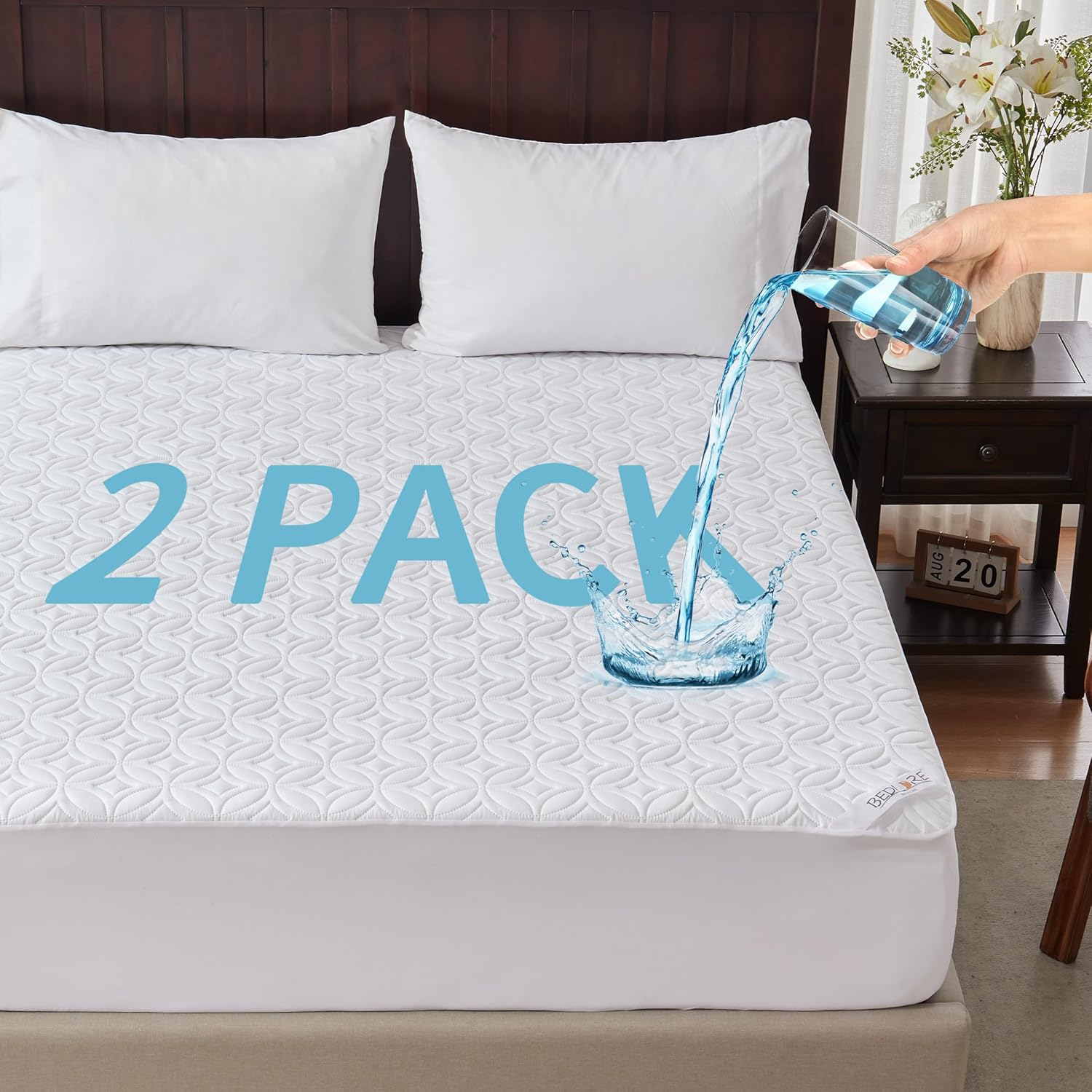 2 Pack Twin Waterproof Mattress Protector Deep Pocket Mattress Cover, Soft Breathable Mattress Pad, Fitted Noiseless Waterproof Bed Cover Stretch to 19"