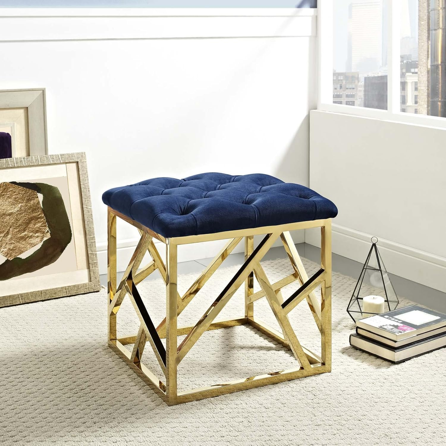 Modway Intersperse Fabric Ottoman in Gold and Navy