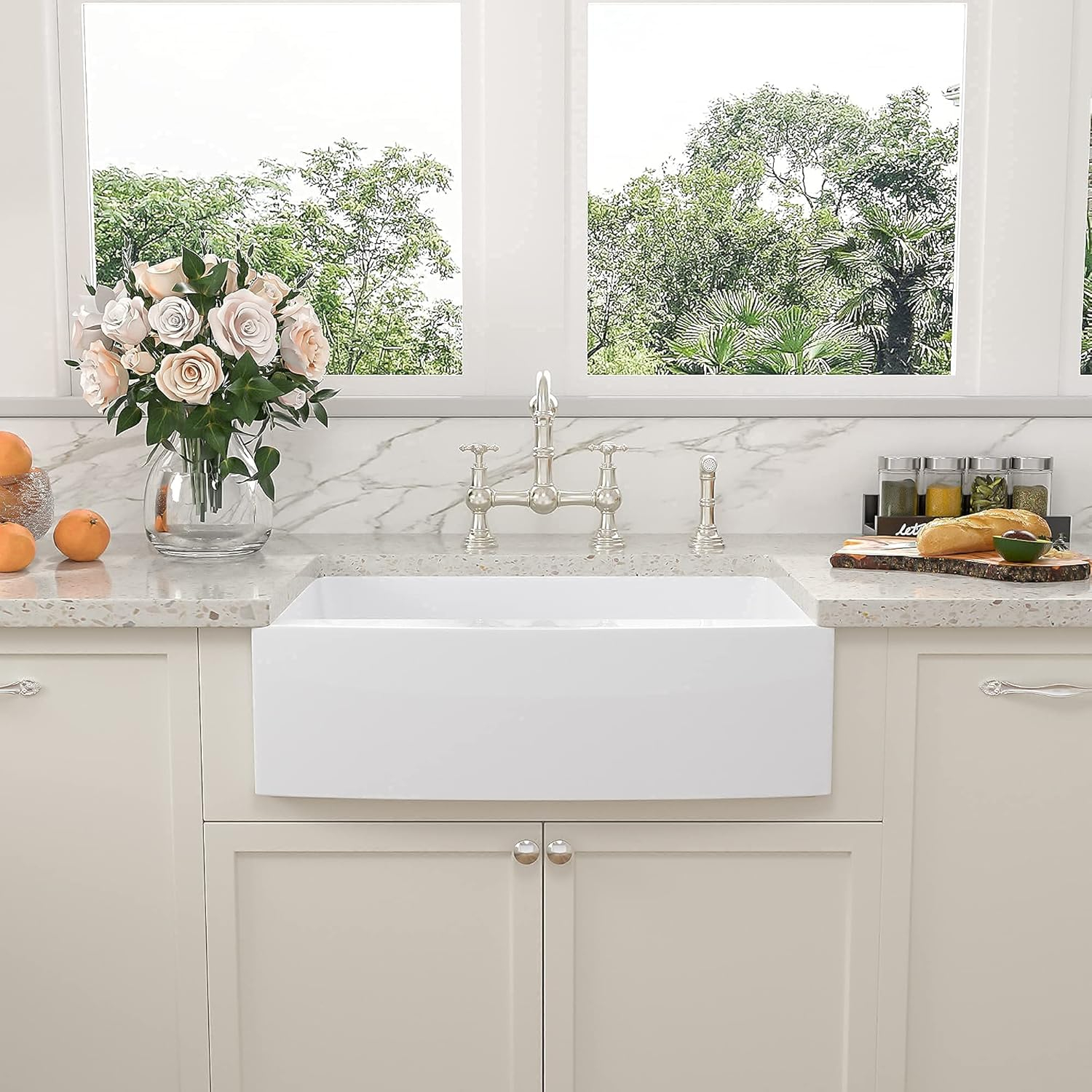 Sarlai 30 Farmhouse Sink White - 30 Inch Kitchen Sink Curved Apron Front White Fireclay Ceramic Porcelain Single Bowl Farm Kitchen Sinks
