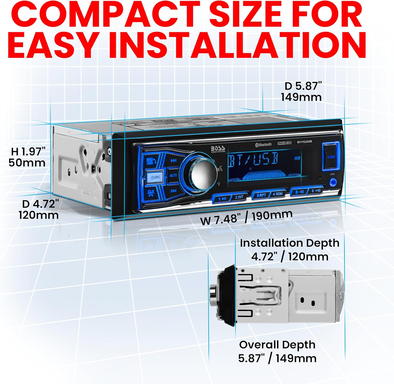 BOSS Audio Systems 611UAB Car Stereo - Single Din, Bluetooth, No CD DVD Player, AM/FM Radio Receiver, Aux Input, USB