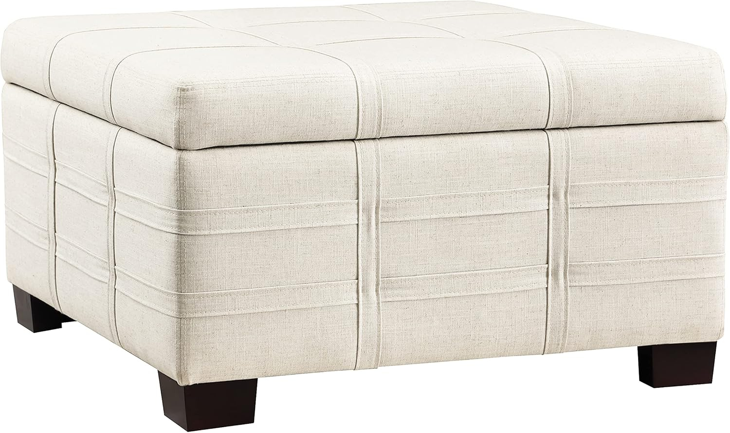 Detour Strap Square Storage Ottoman in Linen White Fabric