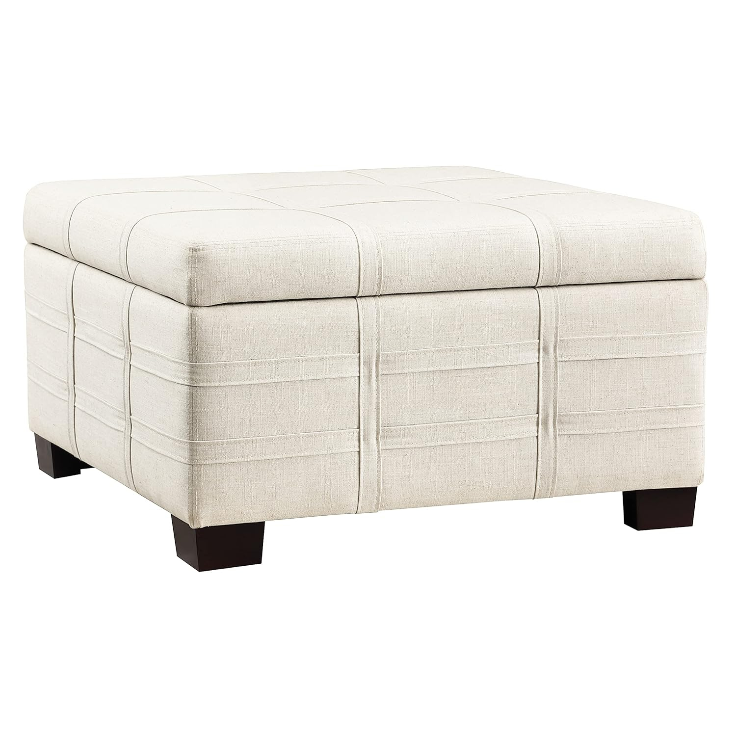 Detour Strap Square Storage Ottoman in Linen White Fabric