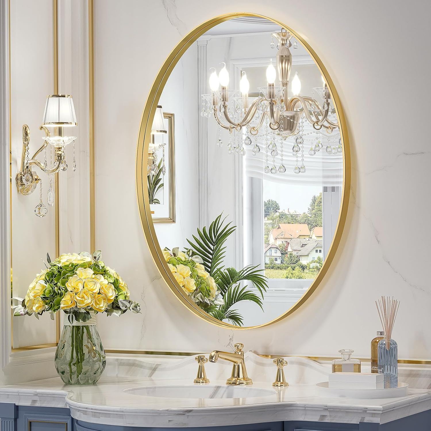 Brightify Gold Oval Mirror for Bathroom 24x36 Inch, Oval Vanity Mirror Gold Metal Frame, Modern Wall Mirror for Bedroom Living Room Farmhouse Fireplace Entryway, Hangs Horizontal or Vertical