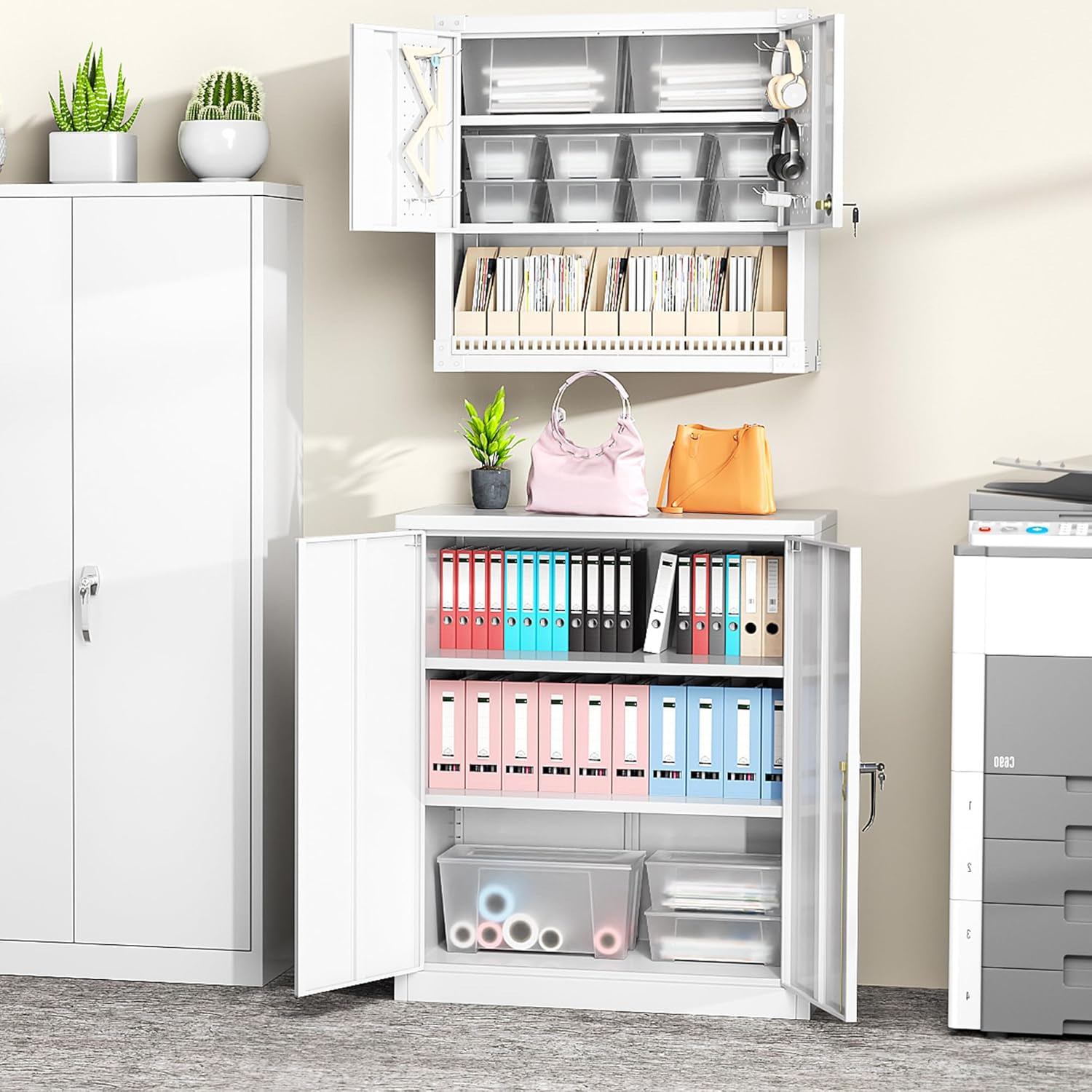 Greenvelly Metal Storage Cabinet with Lock, 36" Metal Locking Storage Cabinet with Doors and 2 Adjustable Shelves, Lockable Steel Cabinets for Office,Garage, Home, School (White)