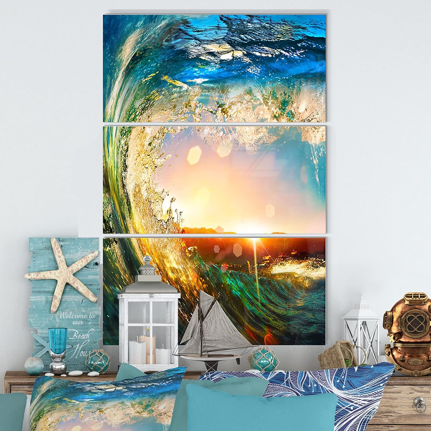 Designart MT10918-3PV Colored Ocean Waves Falling Down Modern Seashore Metal Wall Art (3 Piece), 28'' H x 36'' W x 1'' D 3P, Blue