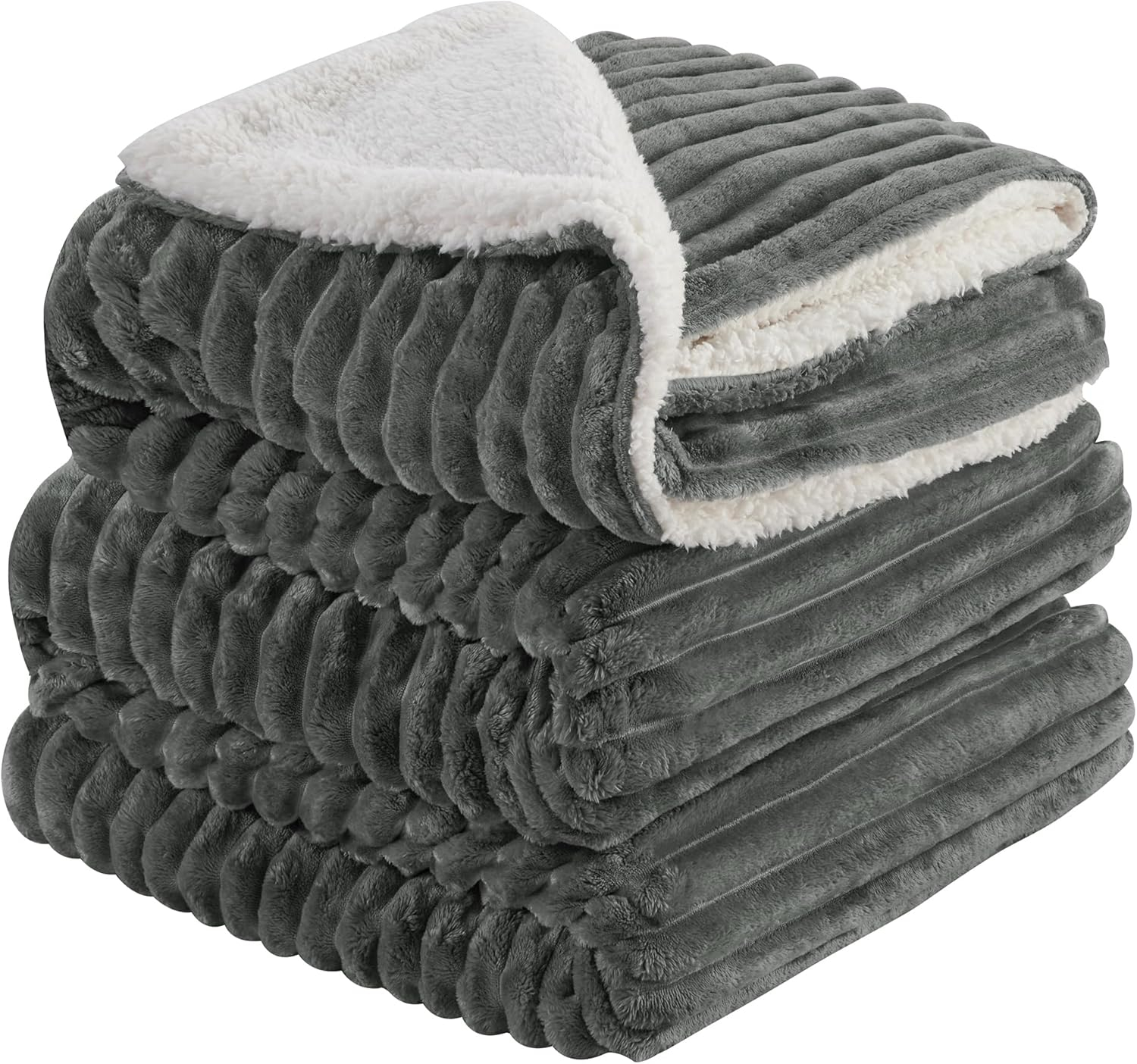 INFIIXSO Sherpa Fleece Queen Size Blanket - Super Soft & Warm Striped Fleece, Cozy Plush Fluffy Large Bed Blanket All Season Use (Grey, 90x90 Inches