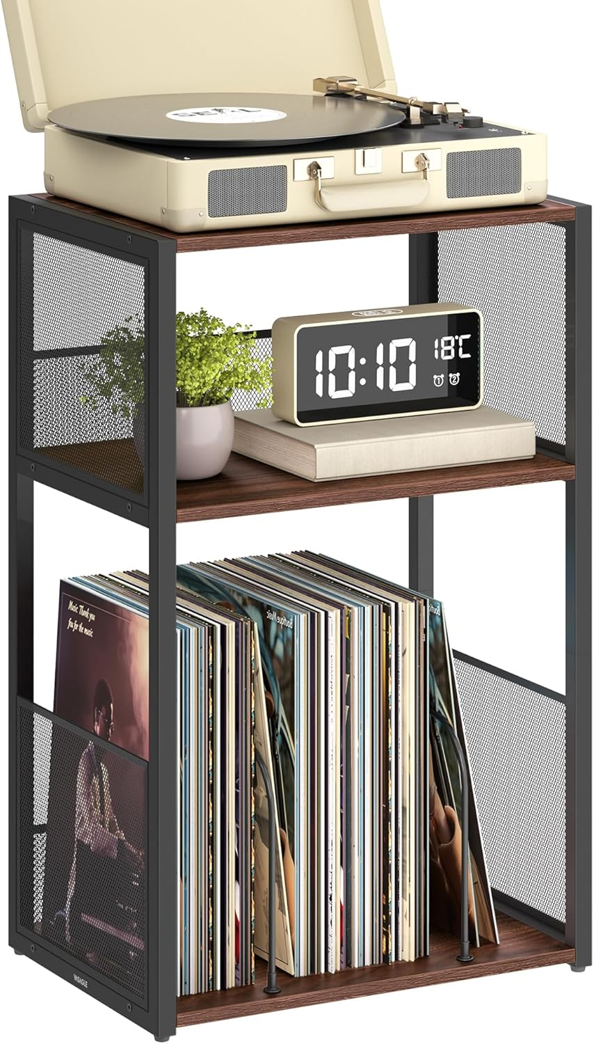 VASAGLE Record Player Stand, 3-Tier Side Table, Vinyl Record Storage up to 100 Albums, End Table for Living Room, Bedroom, Rustic Brown ULET275K01