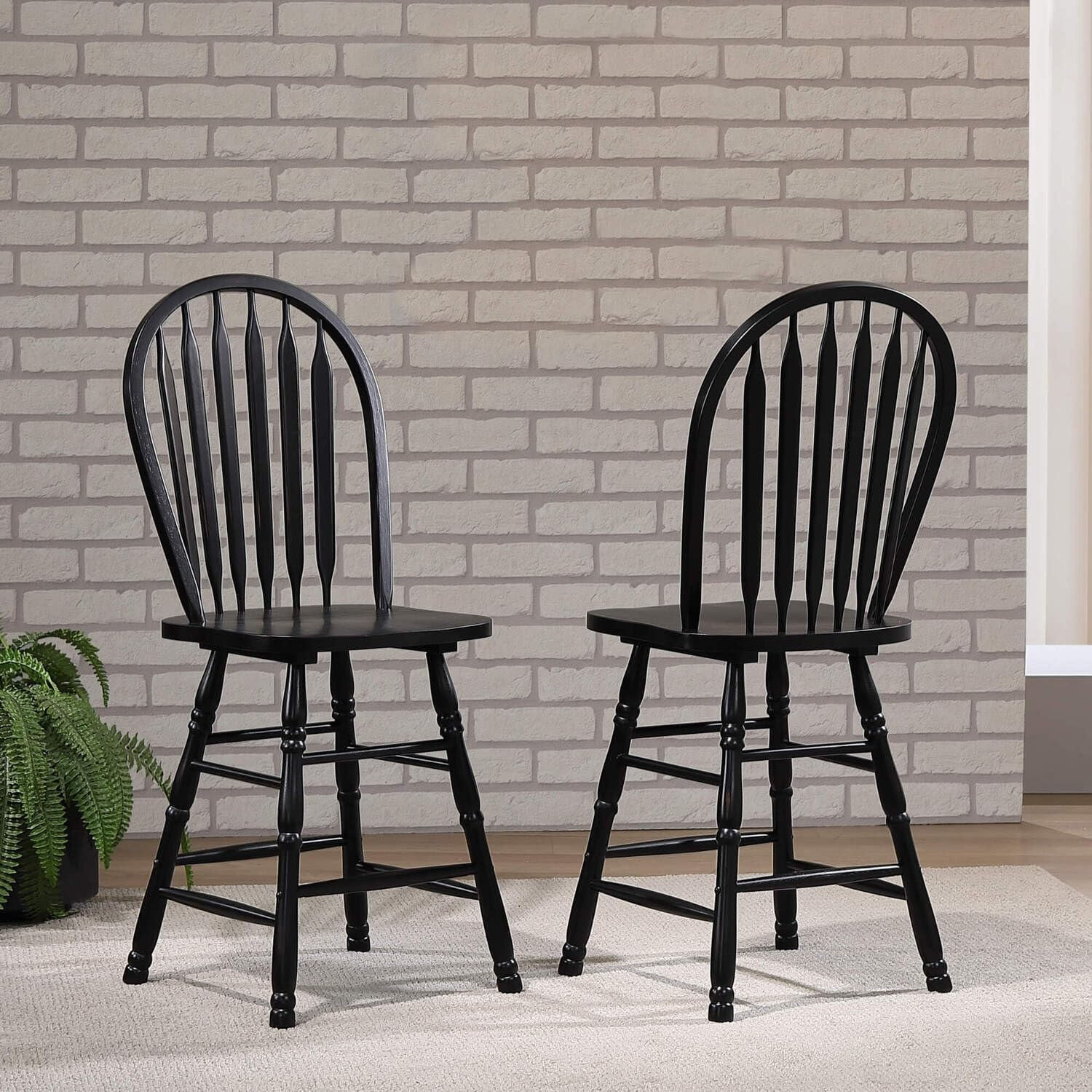HomeStock Arrowback Retro Relaxation 24" Barstool , Distressed Black Solid Wood Counter Height Stool , Set Of 2
