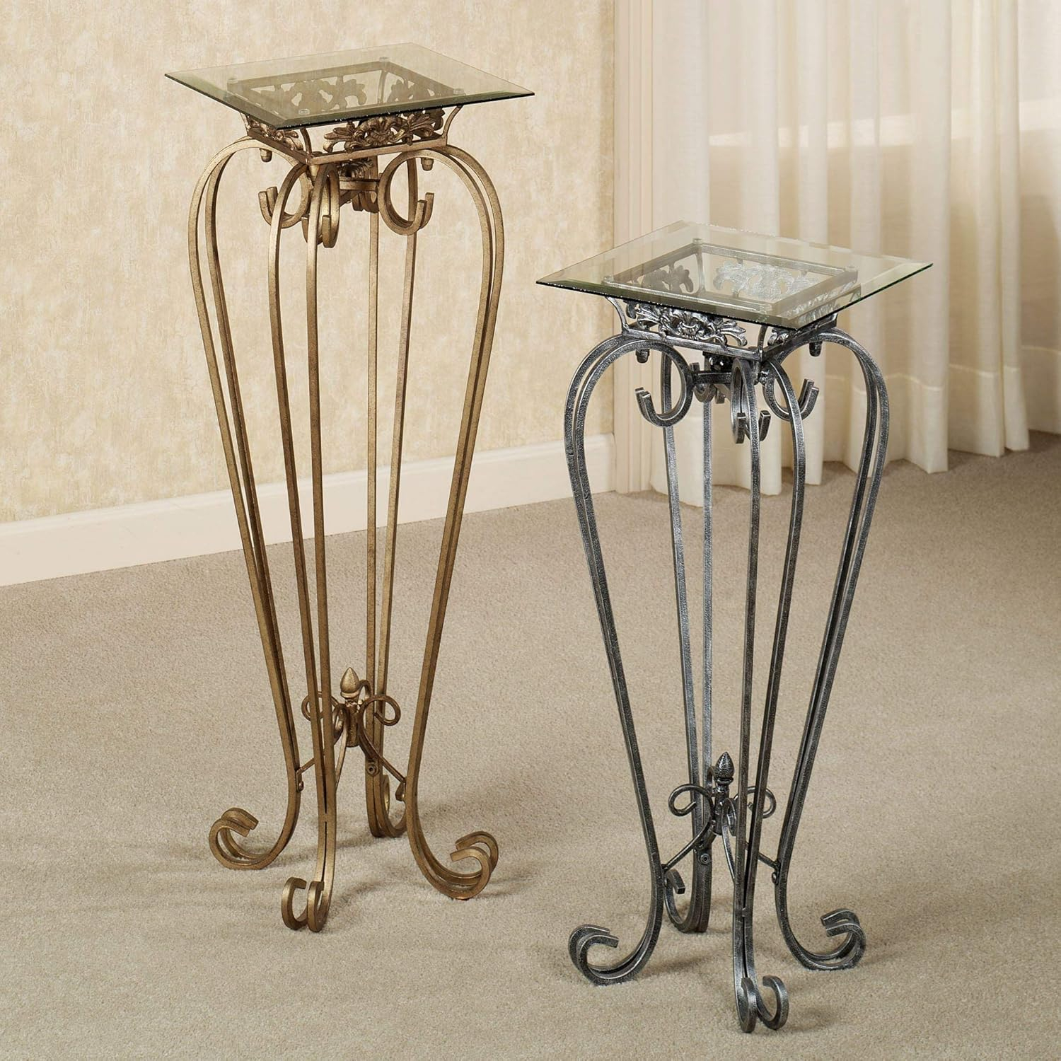 Chalcedony Metal Scroll Pedestal Table with Beveled Glass Top Antique Gold 36" High