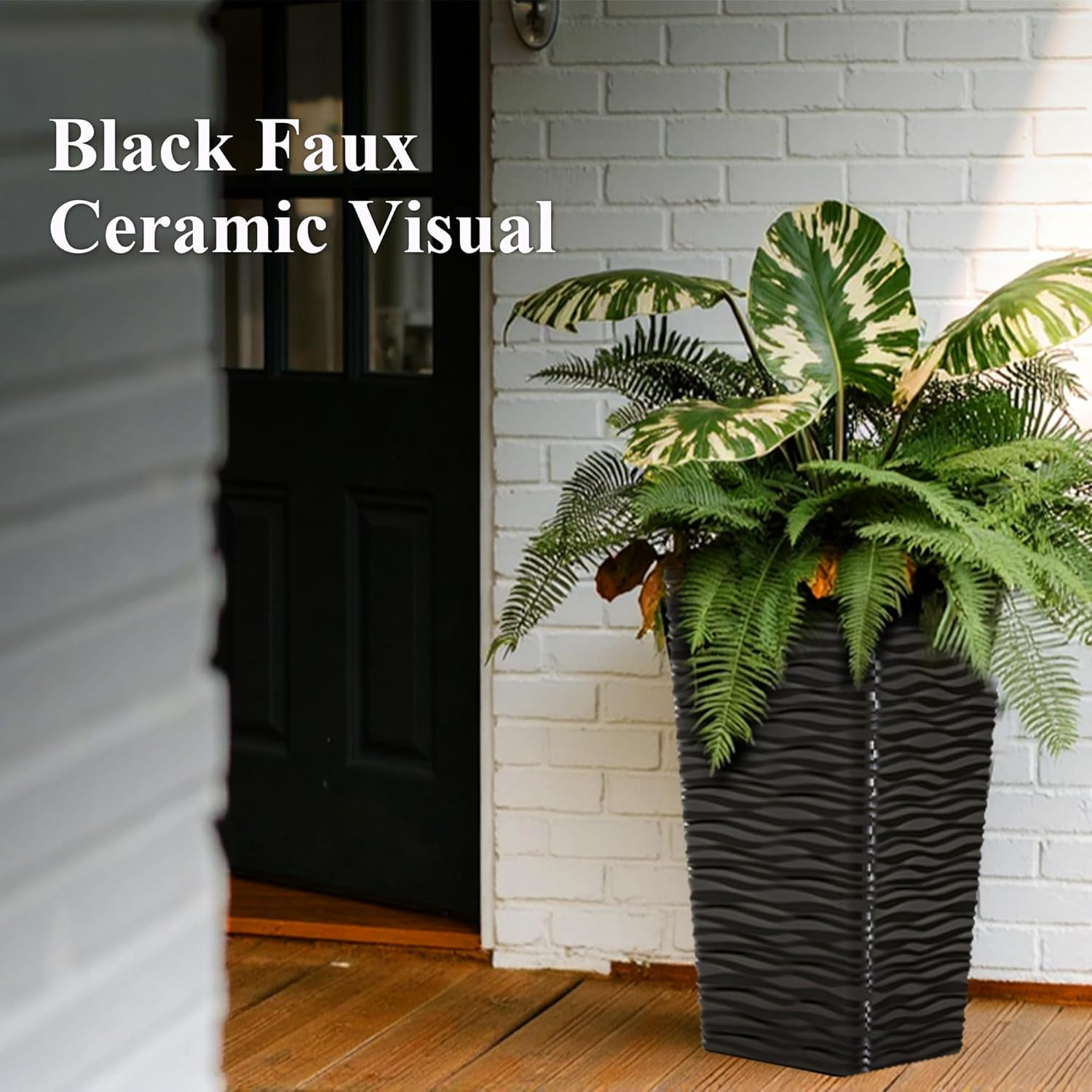 WORTH 22 inch Planters for Indoor Plants,Black Planters Outdoor Set of 2, Plastic Square Pots for Plants, Matte Wavy Modern Planter Large Plant Pot Tree Pot