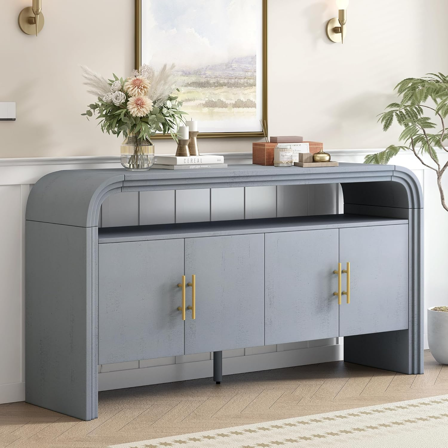 Unique Retro Curved Sideboard with 4 Doors and Treated Fir Veneer, Wood Accent Entryway Console Table Storage Cabinet for Hallway Living Room Foyer Corridor (Natural-12.31)