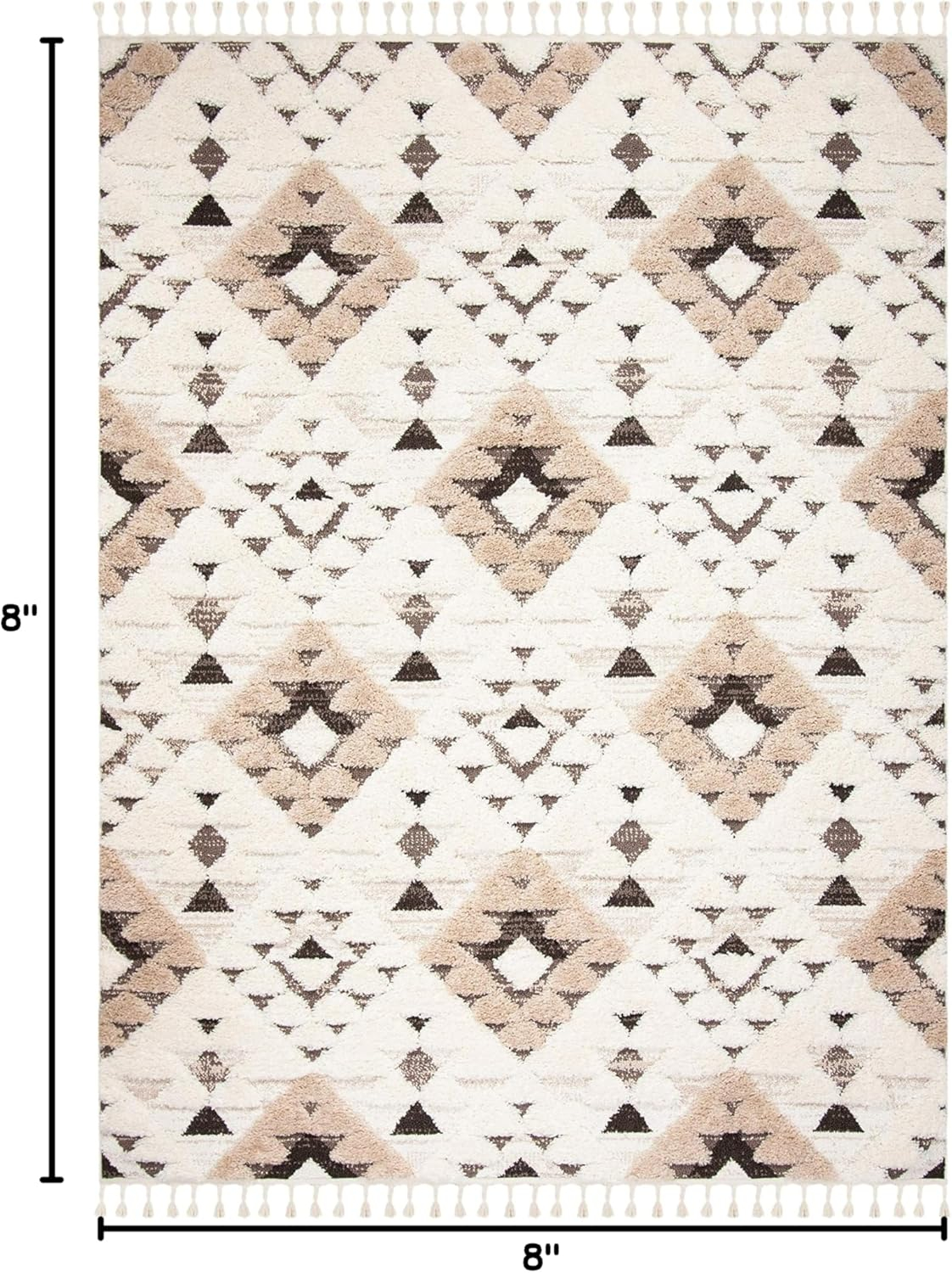 SAFAVIEH Moroccan Tassel Larry Geometric Shag Area Rug, Ivory/Brown, 8' x 8' Square