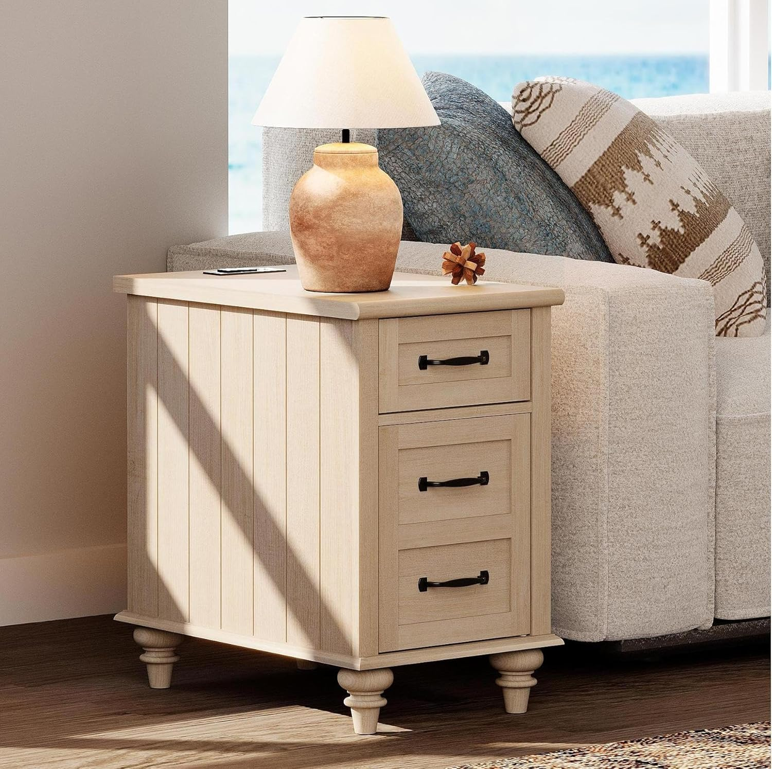 WAMPAT Beige End Table with Charging Station, Narrow Side Table with 1 Drawer &1 Storage Cabinet, Mid Century Modern Nightstand with Power Outlets & USB Ports for Living Room, Bedroom