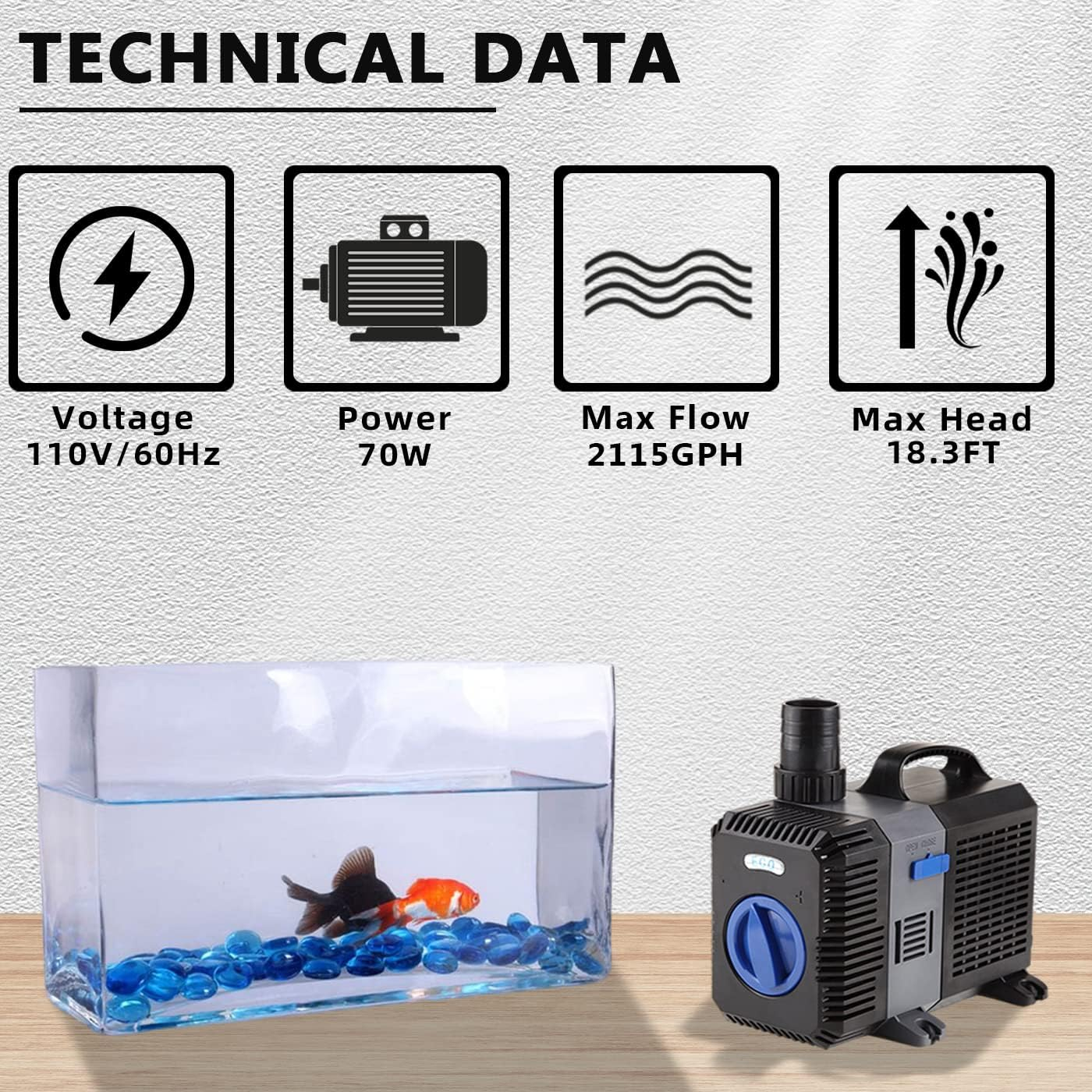 Electric Adjustable Flow Garden Sumbersible Fountain Pond Filter Silent Pump (2100GPH)