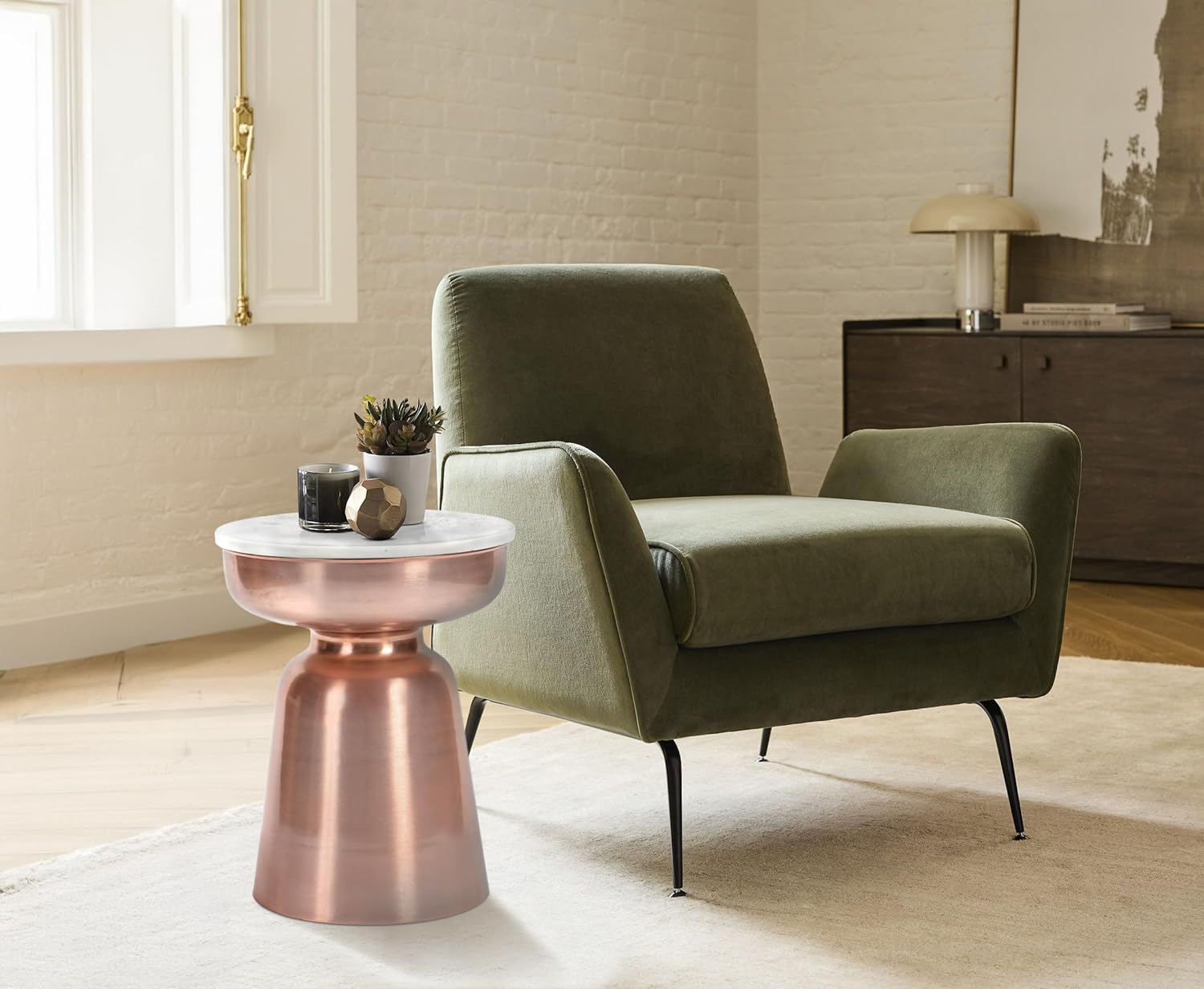 Finch Adler Metal Accent Side Table 16 Hourglass Shape Ivory White Rose Gold