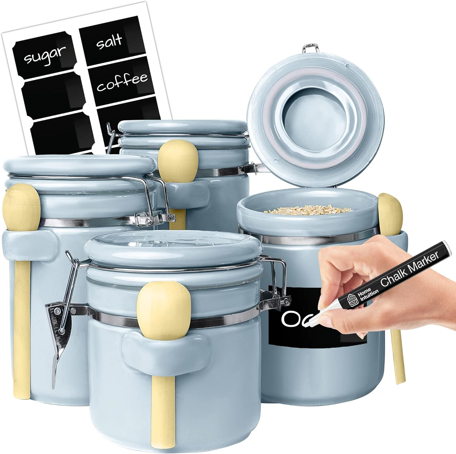 Home Intuition 4-Piece Ceramic Kitchen Canisters Set, Airtight Containers with Wooden Spoons Reusable Chalk Labels and Marker for Sugar, Coffee, Flour, Tea (Light Blue)