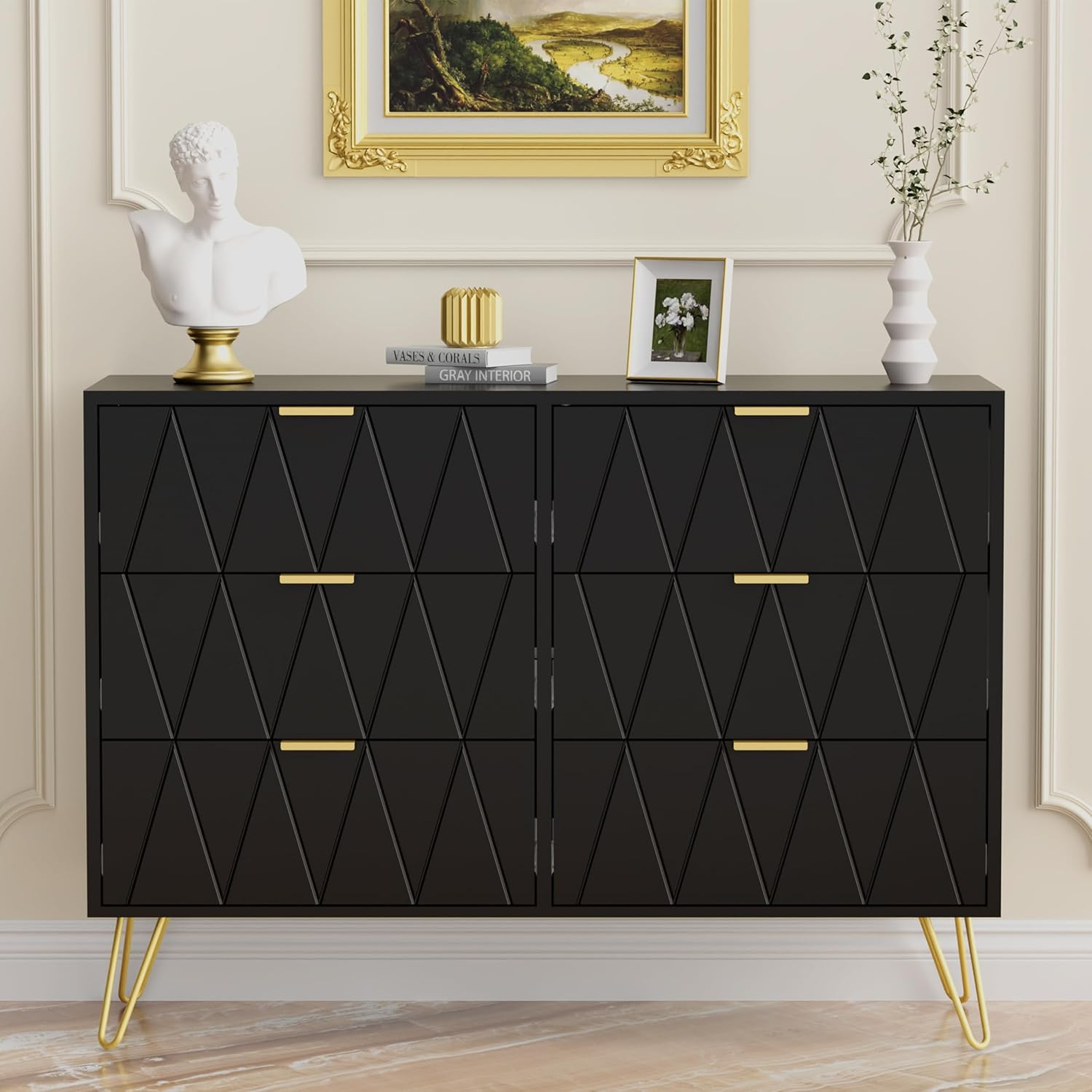 UEV Black 6 Drawer Dresser, Modern Dresser Chest with Wide Drawers and Metal Handles, Wood Storage Chest of Drawers for Bedroom,Hallway,Entryway