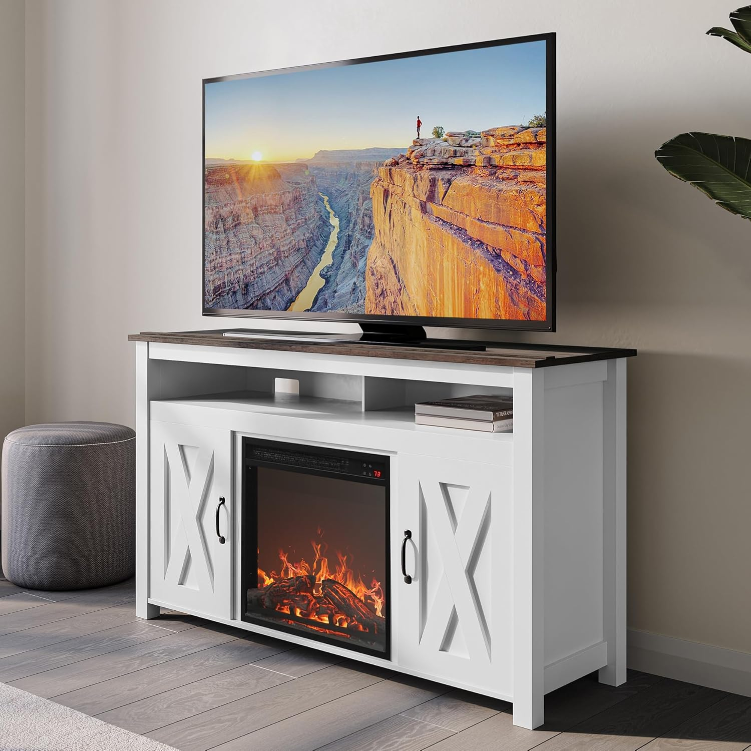BELLEZE Modern 48 Inch Barn Door Wood TV Stand with 18 Inch Electric Fireplace & Media Entertainment Center Console Table for TV up to 50 Inch with Two Open Shelves and Cabinets - Corin (White)