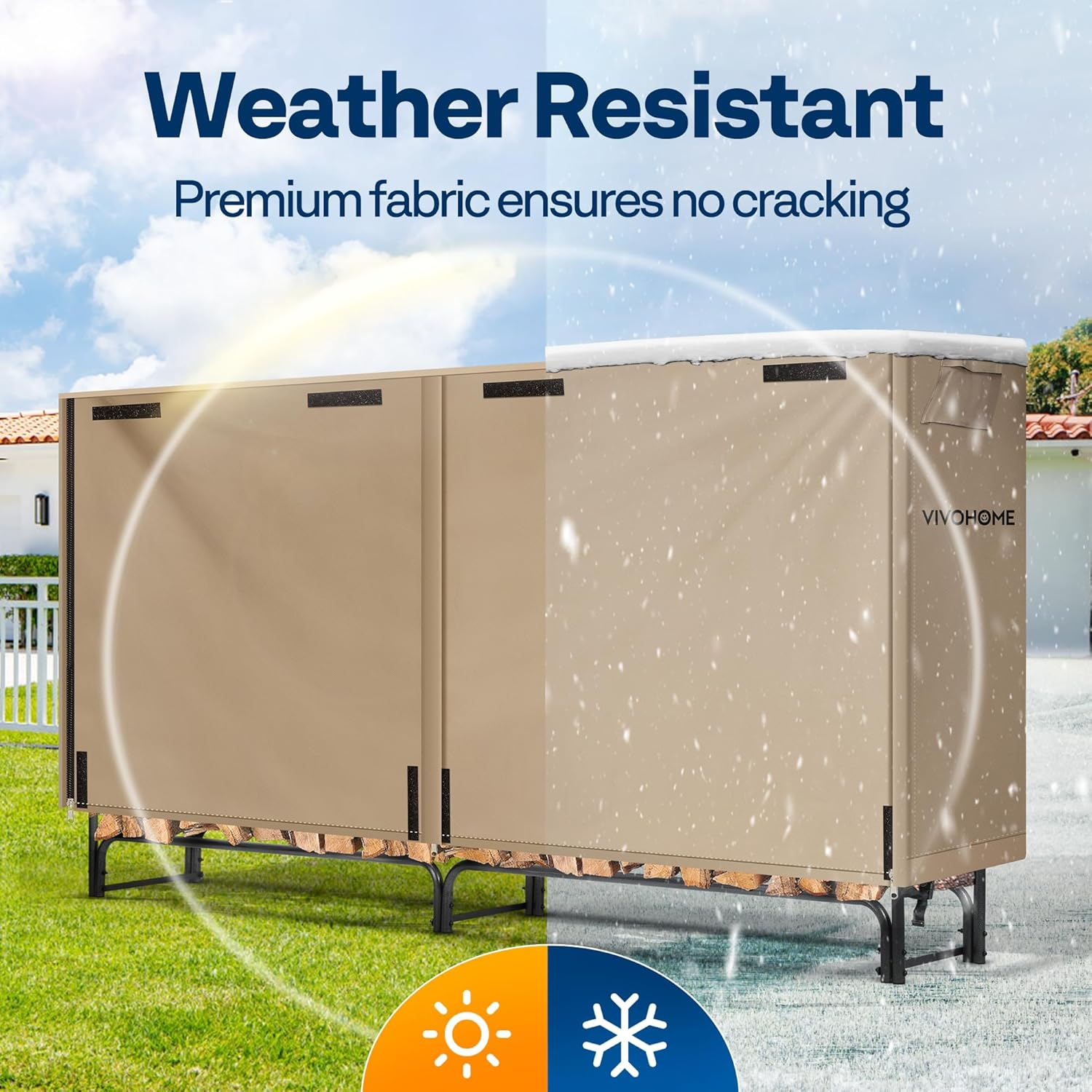 VIVOHOME 8ft Firewood Log Rack Cover, Heavy Duty 600D Oxford, Double Layer Outdoor Weather Resistant Fire Wood Storage Holder Cover with Zipper and Hook Loop Tape, Brown