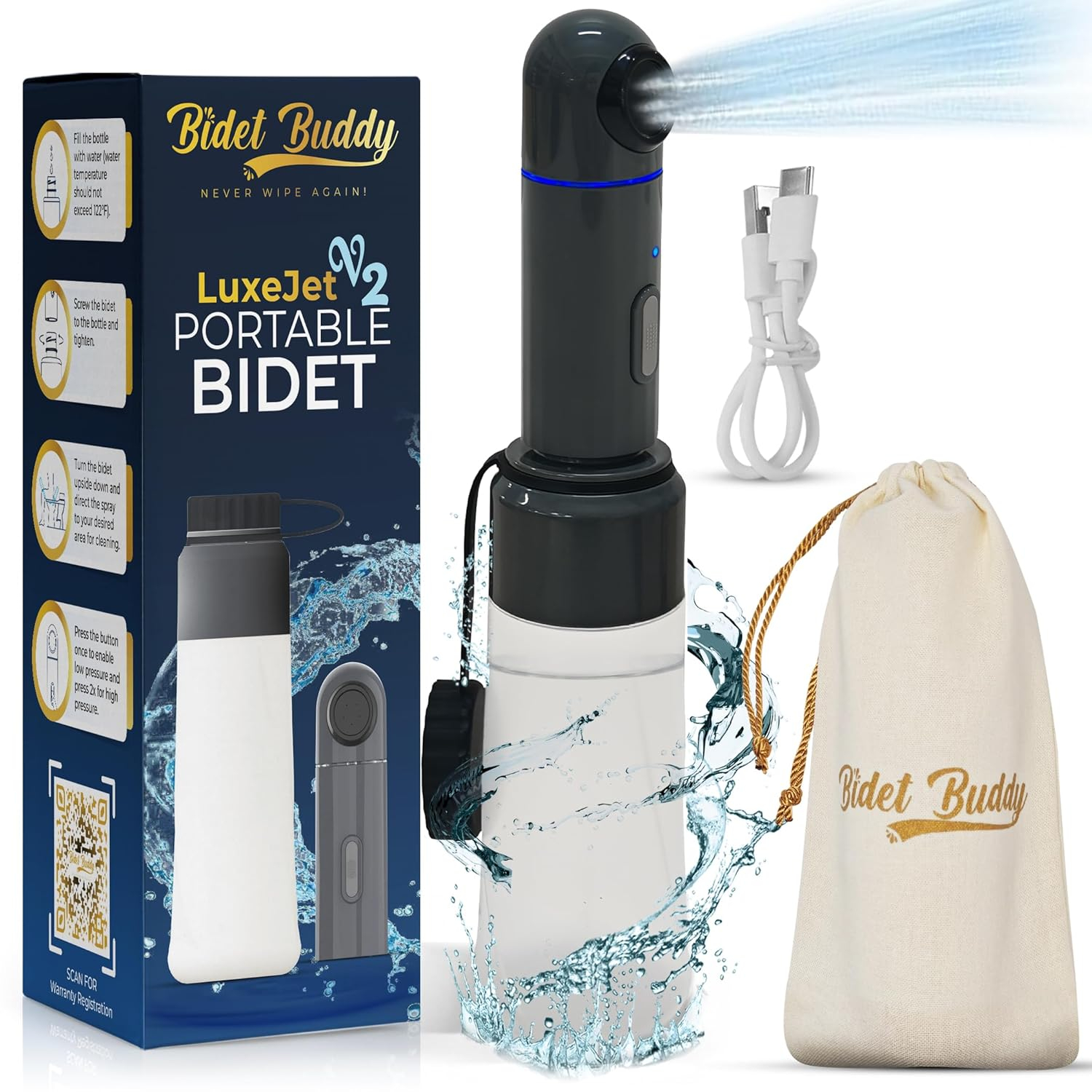 BIDET BUDDY® LuxeJet V2 Portable Bidet for Travel | 300ml/min Flow | 450mAh Battery | 350ML Bottle | IPX7 Waterproof | USB-C Charging | The New & Improved LuxeJet for 2025 with Soft Pressure