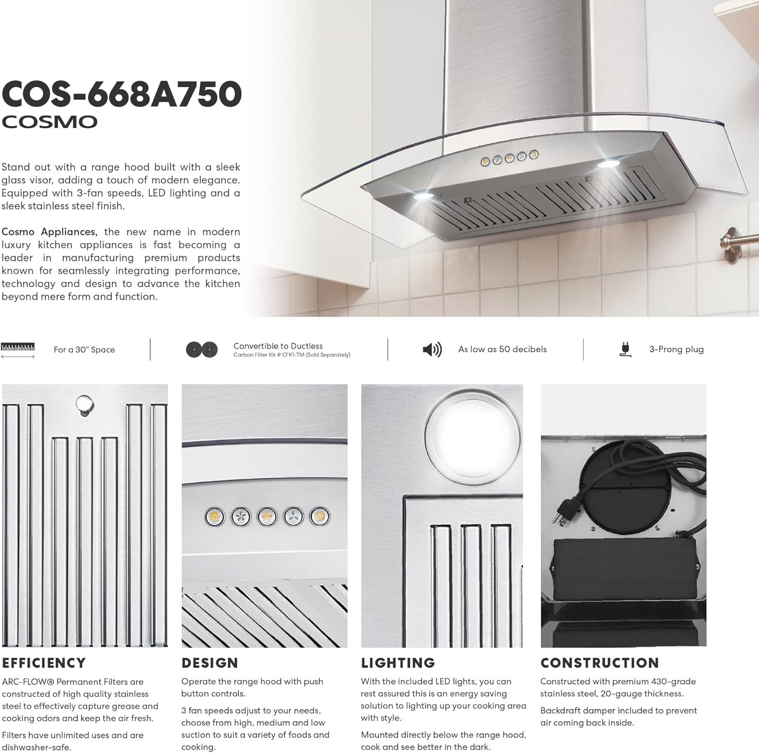 Cosmo Campana Extractora de Pared de 30 Pulgadas en Acero Inoxidable con Controles de Botón, Iluminación LED y Filtros Permanentes